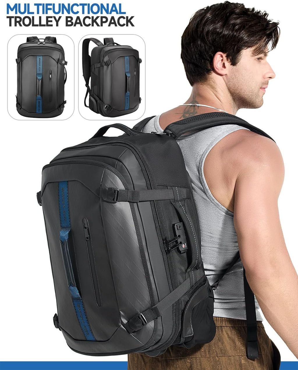 Backpack with wheels,Rolling laptop backpack with 2 Packing Cubes,Water-Resistant,Carry-On Luggage Suitcase for Men Adults to Travel, Commuting,Black