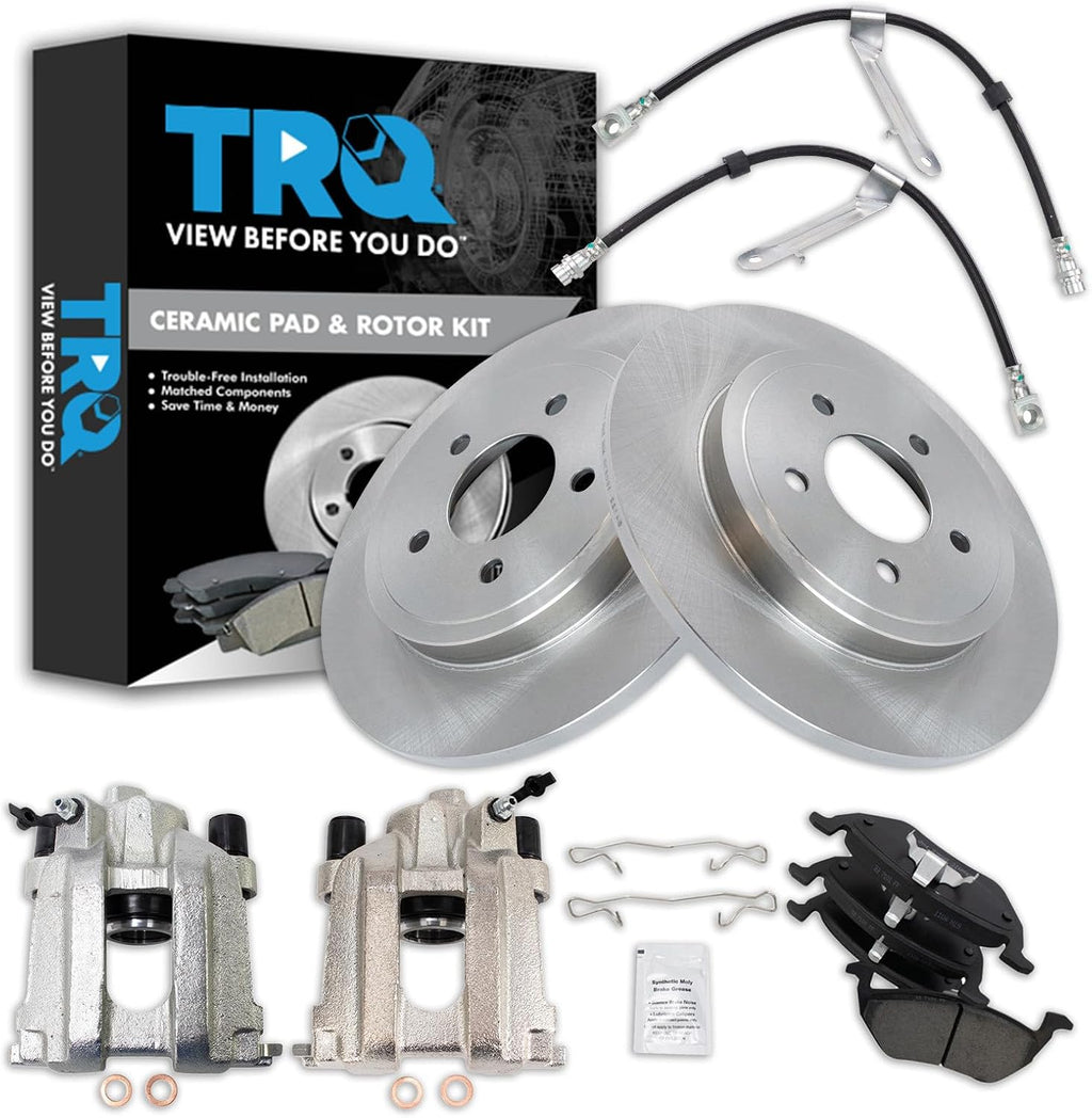 TRQ Rear Brake Pad and Rotor Set Ceramic Rotors Calipers Hoses Compatible with 2005-2007 Ford Escape Mercury Mariner 2005-2006 Mazda Tribute