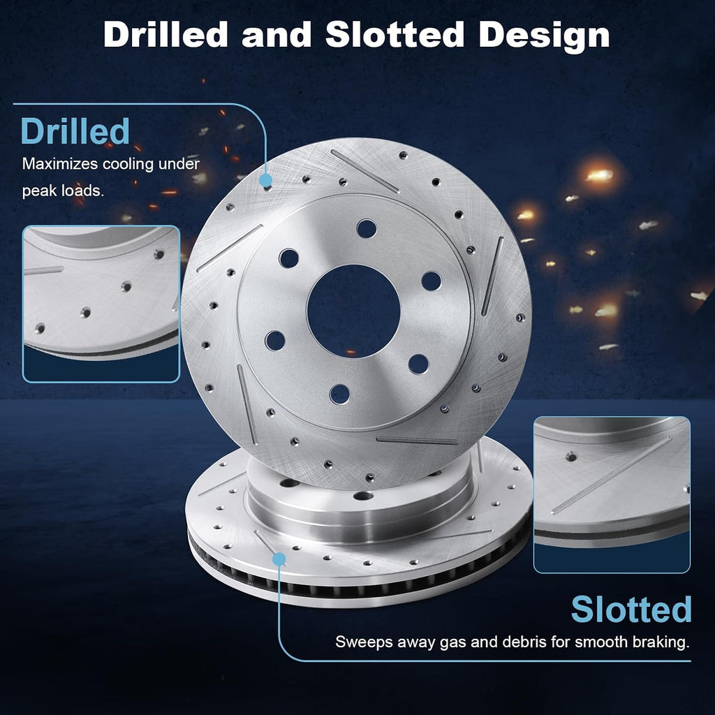 Front Drilled and Slotted Disc Brake Rotors & Ceramic Brake Pads Kit Fit for Cadillac 02-06 Escalade/ESV/EXT; for Chevy 00-06 Silverado/Suburban/Tahoe; for GMC 99-06 Sierra, 00-06 Yukon