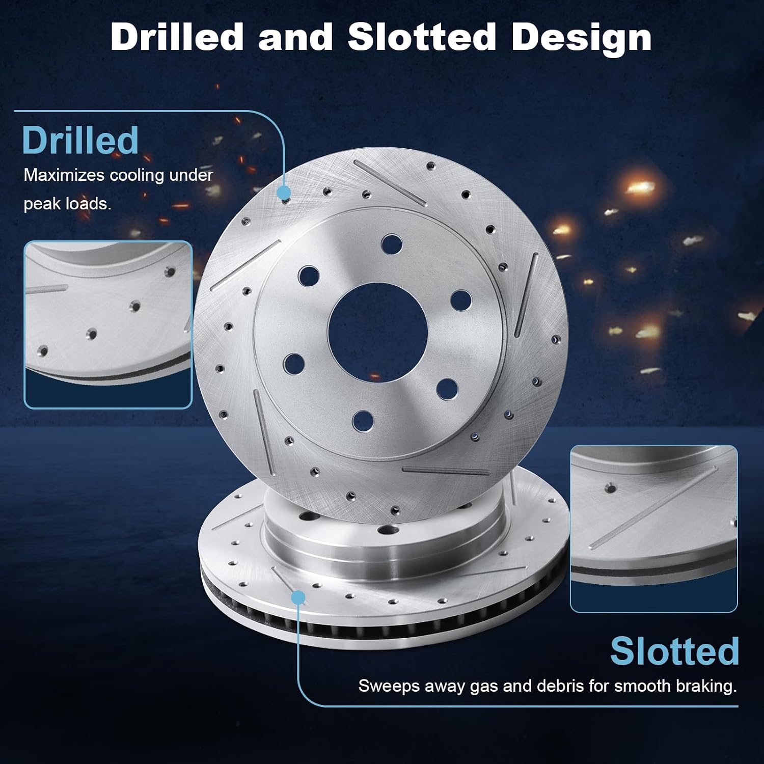 Front Drilled and Slotted Disc Brake Rotors & Ceramic Brake Pads Kit Fit for Cadillac 02-06 Escalade/ESV/EXT; for Chevy 00-06 Silverado/Suburban/Tahoe; for GMC 99-06 Sierra, 00-06 Yukon