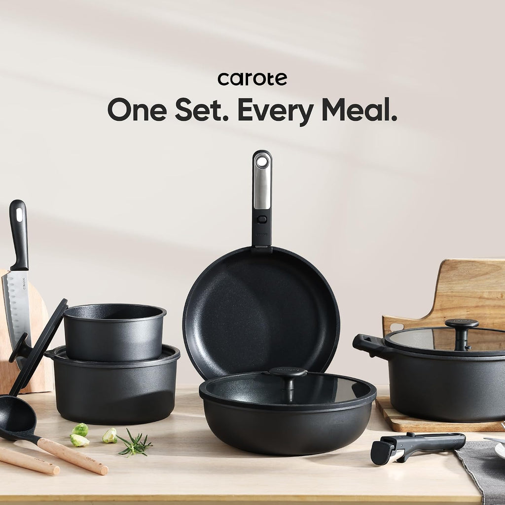 CAROTE 25pcs Pots and Pans Set Non Stick, Cookware Sets, Kitchen Set, Oven/Dishwasher/Fridge Safe, Space Saving Pots Set, Nonstick Set with Versatile Detachable Handle with Knife Set, Jet Black
