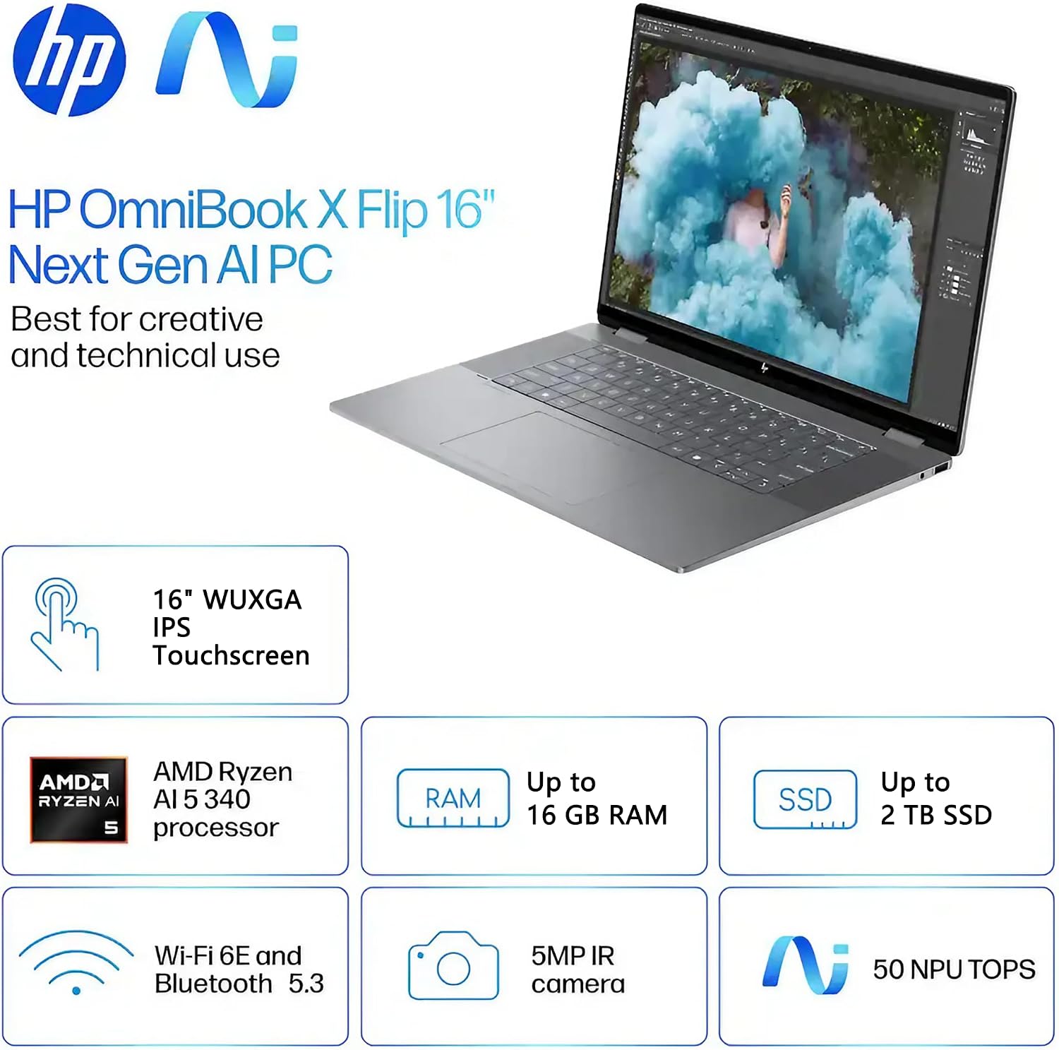 HP OmniBook X Flip AI PC 2-in-1 Laptop | 16' WUXGA Touchscreen | AMD 6-Core Ryzen AI 5 340 (Up to 50 Tops) | 16GB DDR5 2TB SSD | Backlit 5MP IR Privacy Camera Win11 w/DLCA Accessory