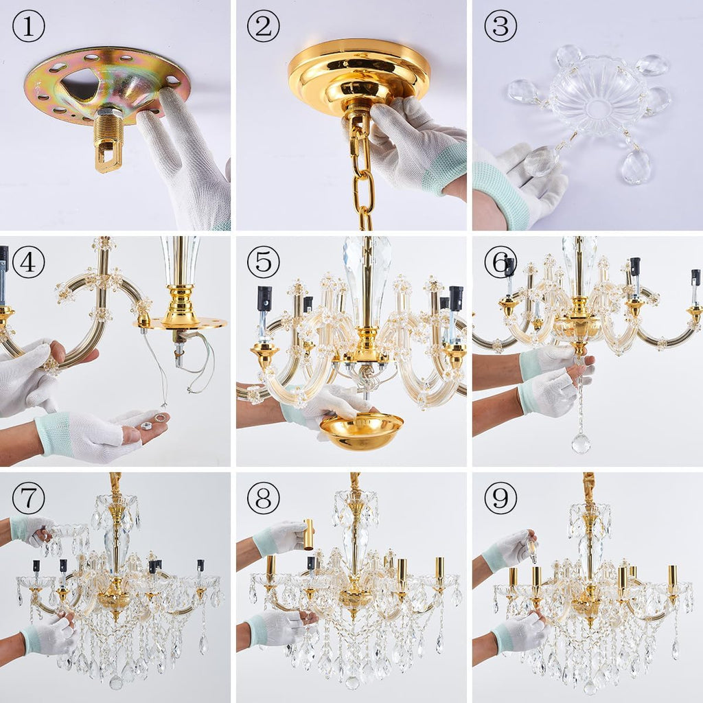YLONG-ZS 6-Light Crystal Gold Chandelier Light Fixture for Bedroom,Modern Pendant Light Crystal Raindrop Lighting Hanging Chandelier for Living Room, Kitchen,Dining Room, Bedroom,Entryway