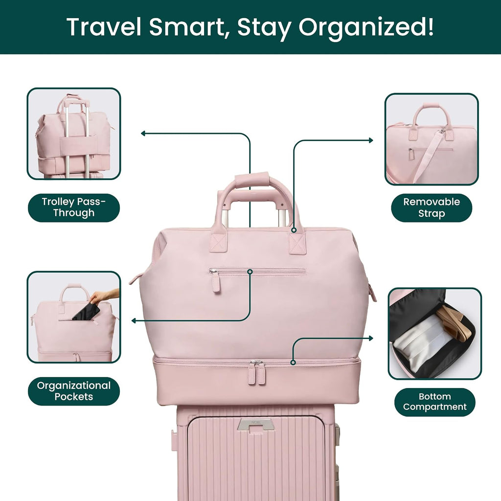 NOBL Travel Weekender Bag for Women & Men, Large Duffel Carry-On Tote with Trolley Sleeve, Separate Shoe Compartment & Laptop Pocket, Leather Overnight Bag for Airplane, Gym, Road Trips - Blush