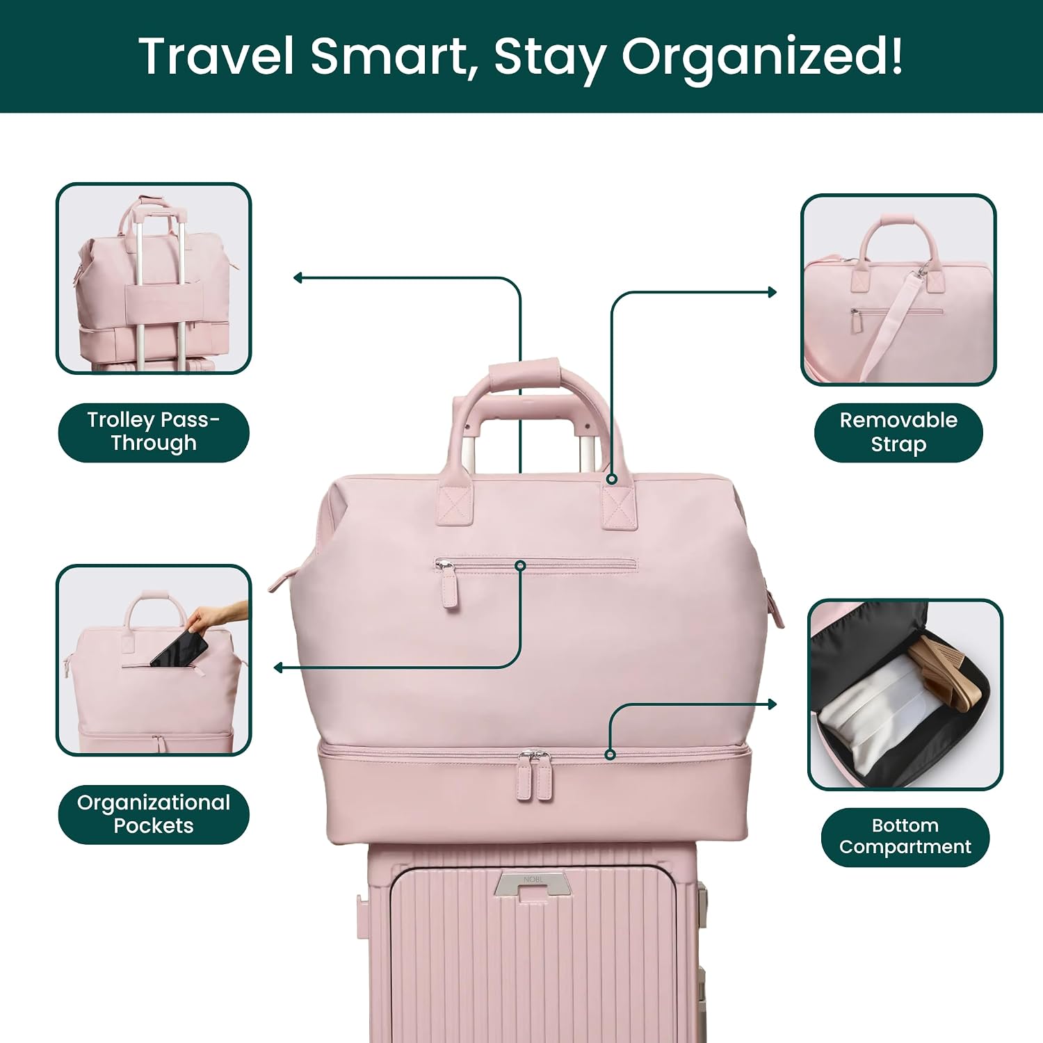 NOBL Travel Weekender Bag for Women & Men, Large Duffel Carry-On Tote with Trolley Sleeve, Separate Shoe Compartment & Laptop Pocket, Leather Overnight Bag for Airplane, Gym, Road Trips - Blush