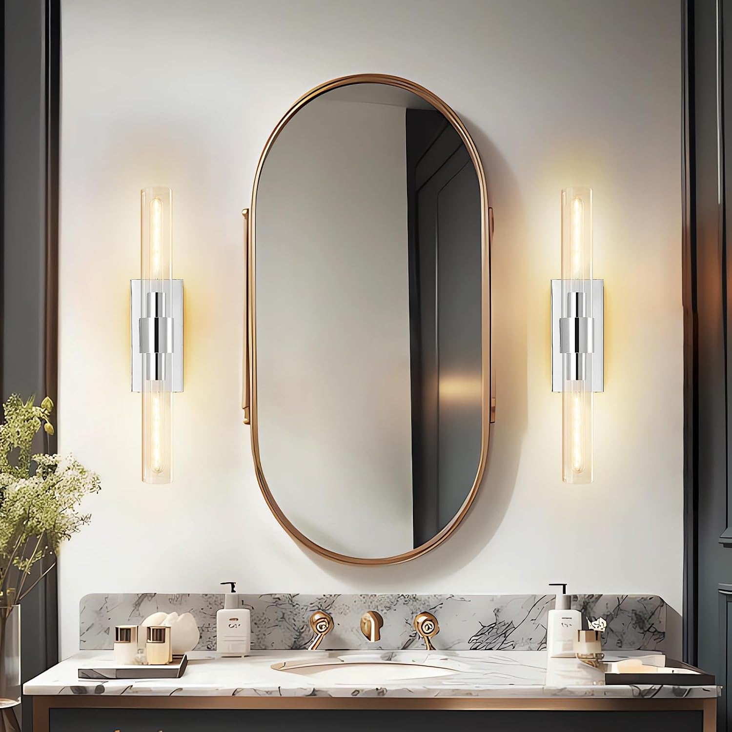 Chrome Wall Sconces, 22.8' Bathroom Sconces, Indoor Sconces Wall Lighting Up and Down, Nickel Wall Sconce Dimmable, Vanity Lights Fixtures with Tube, Glass Sconce for Bedroom, Staircase