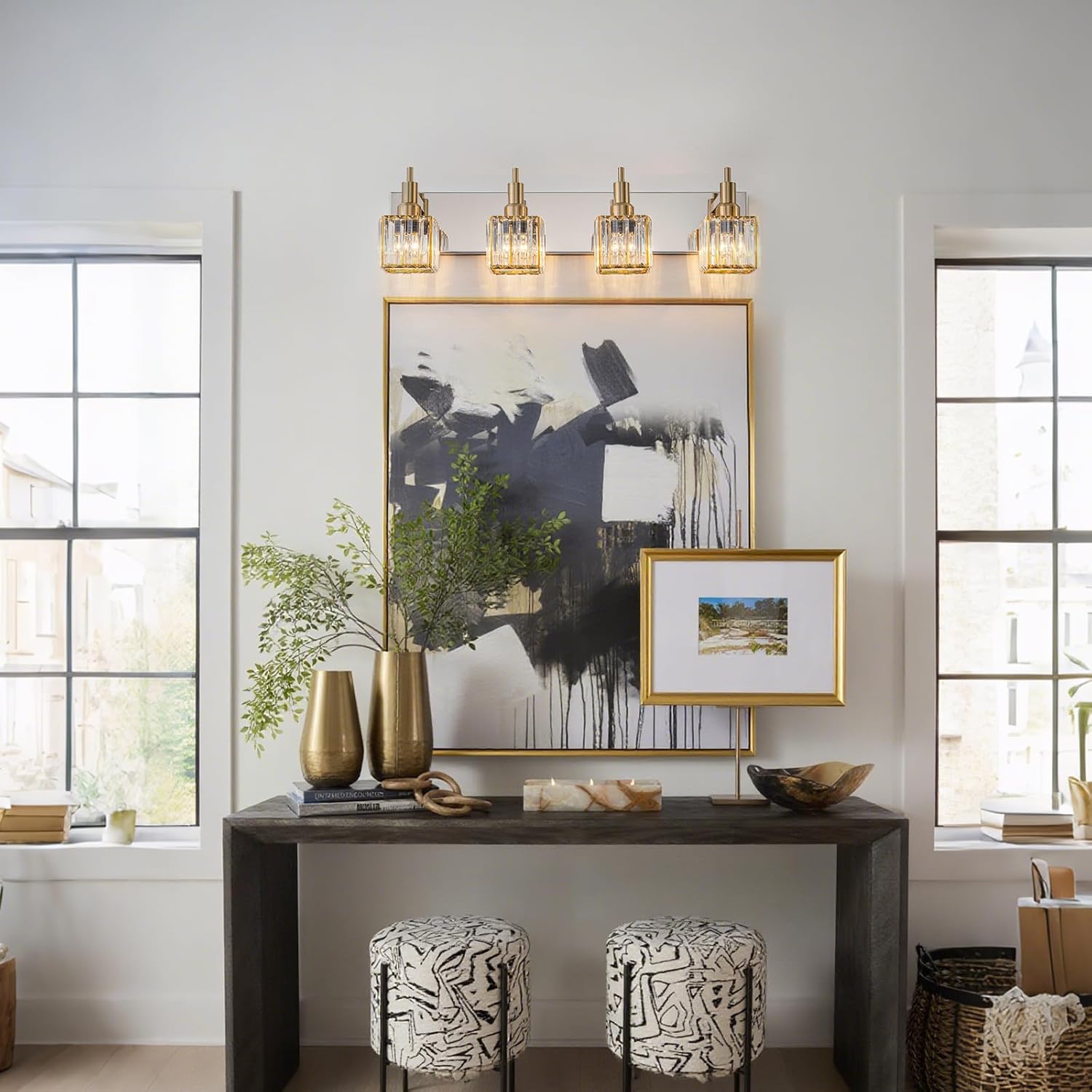 Crystal Bathroom Light Gold Chrome 4-Light Modern Bathroom Vanity Fixtures Over Mirror Square Crystal Wall Sconce