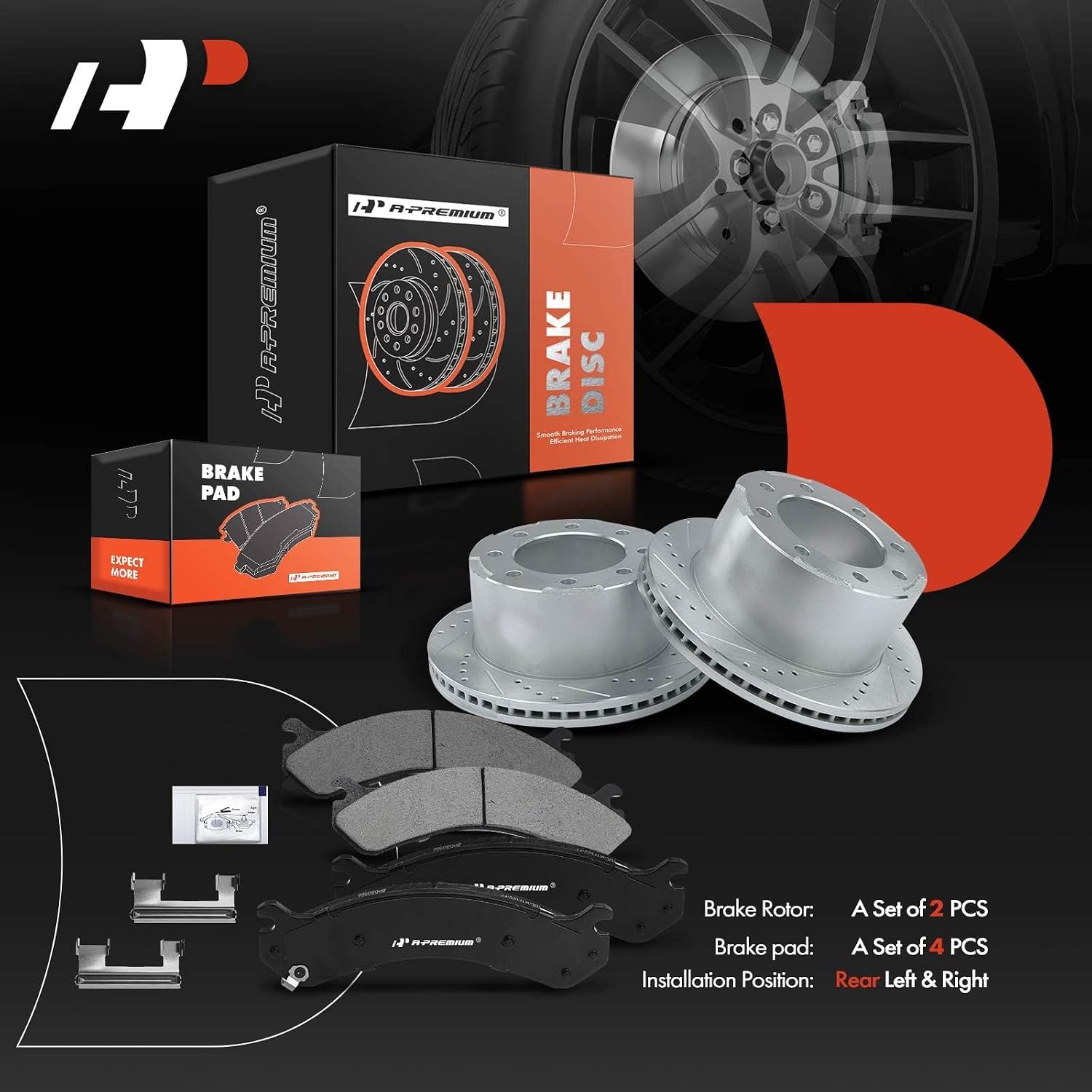 A-Premium 12.80 inch(325 mm) Rear Drilled and Slotted Disc Brake Rotors + Ceramic Pads Kit Compatible with Select Chevy and GMC Models - Silverado 3500, Silverado 3500 HD, Sierra 3500, Sierra 3500HD