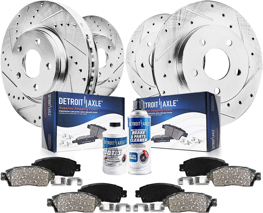 Detroit Axle - FWD Brake Kit for Hyundai 2005-2009 Tucson 2005-2010 Kia Sportage, Drilled and Slotted Disc Brake Rotors Ceramic Brake Pads Replacement : 11.02' inch Front and 10.31' inch Rear Rotors