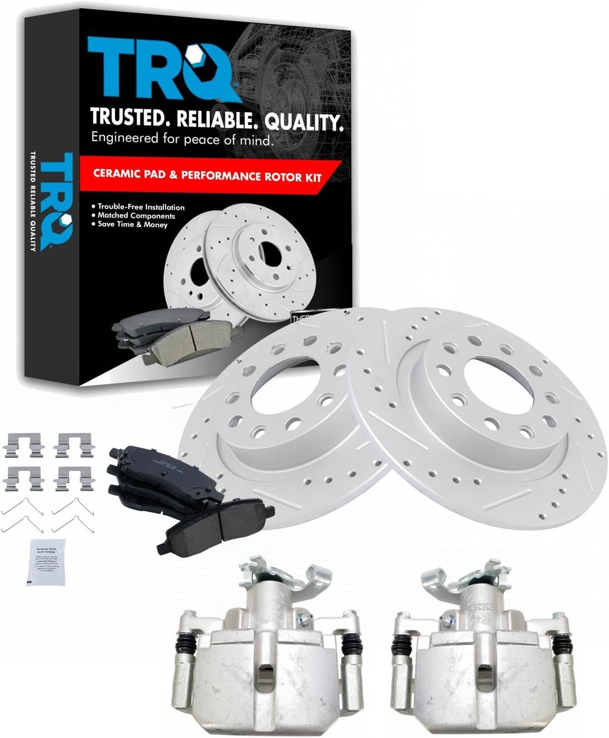 TRQ Performance Rear Brake Pad and Rotor Set Ceramic Drilled Slotted Coated Rotors Calipers Compatible with 2013-2016 Dodge Dart