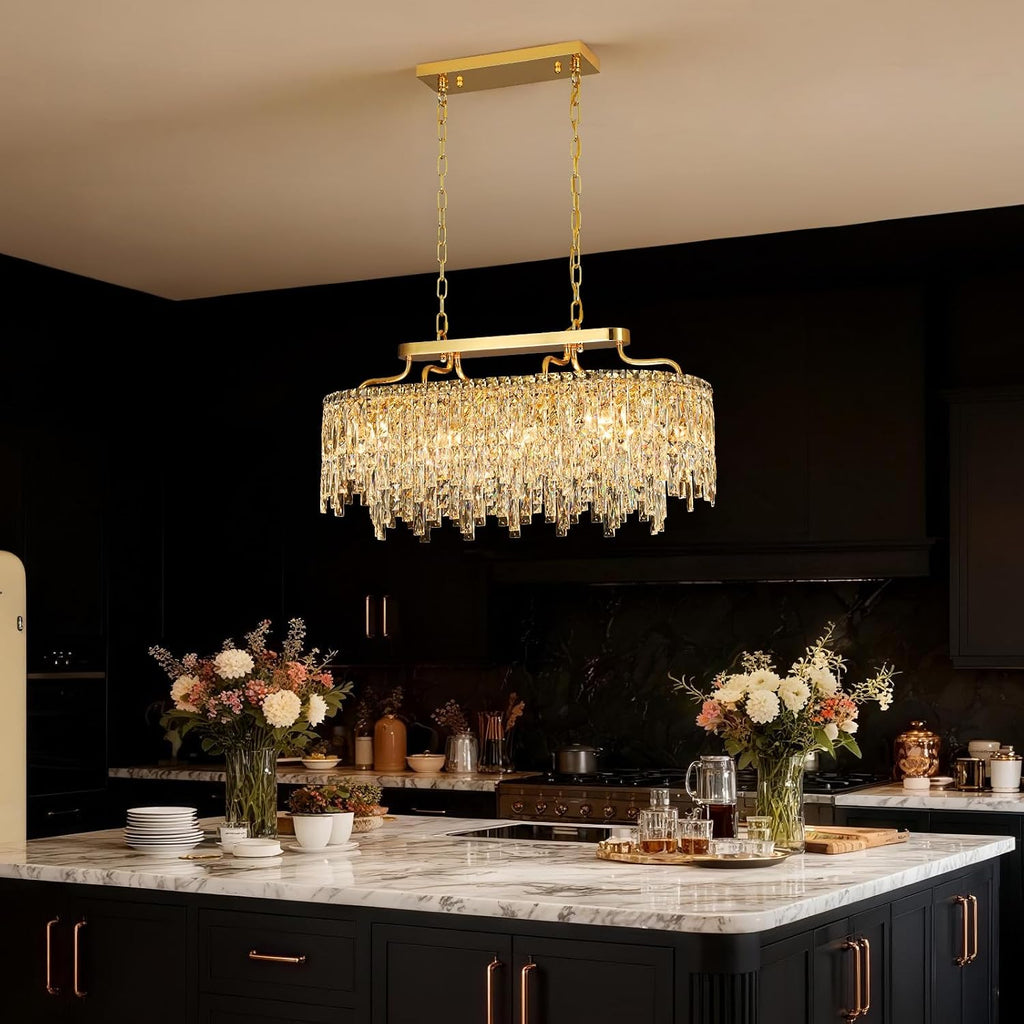 Gold Crystal Chandelier | Modern Luxury Oval-Shaped Chandeliers for Dining Room Light Fixture, 32' 10-Light Crystal Ceiling Lighting Fixture for Dining Room Kitchen Island Bar
