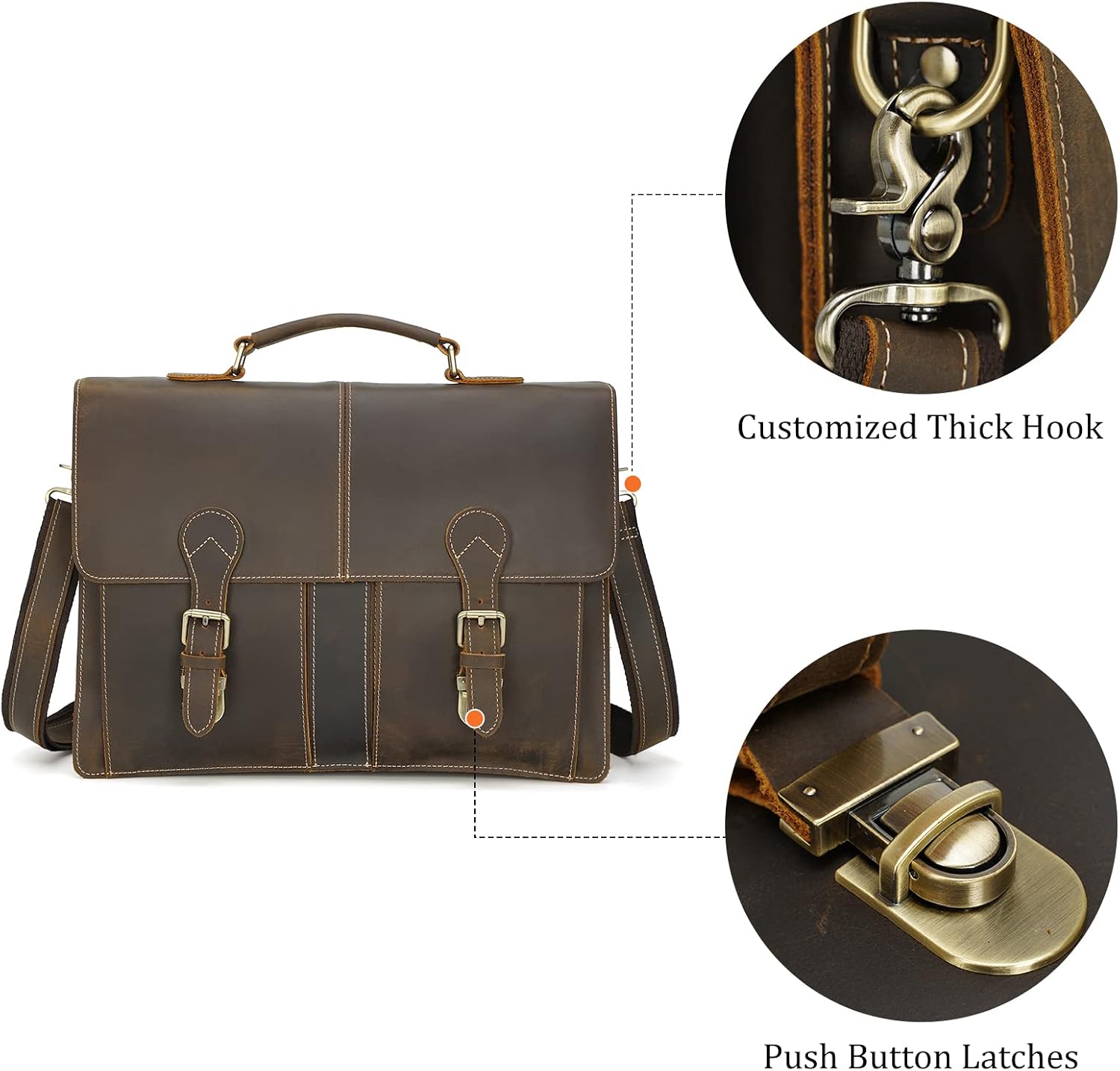 Polare 16' Full Grain Leather Messenger Bag Laptop Briefcase Bag Professional Work Bag For Men with YKK Zippers