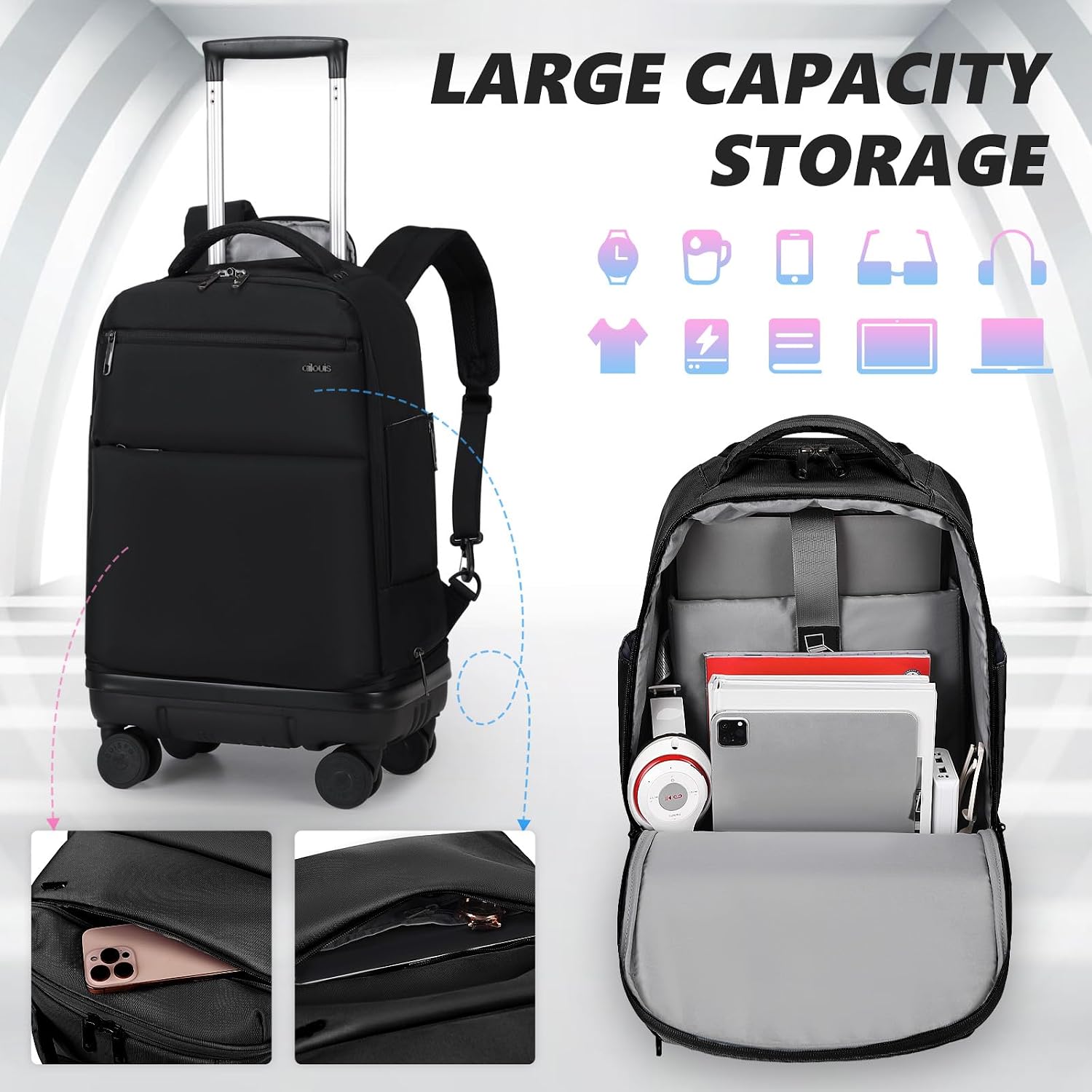 Rolling Backpack with Removable Wheels,18 inch Laptop Backpack with Wear-Resistant Chassis Carry on Travel Backpack Water Resistant Wheeled Backpacks for Women Men