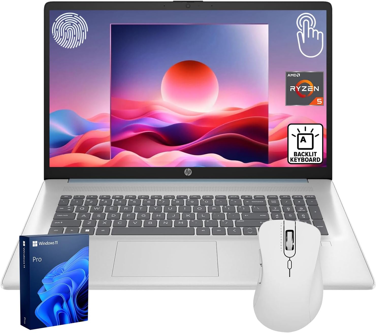 HP 17.3' HD+ Touchscreen Business Laptop, AMD Ryzen 5 7430U, 32GB RAM, 1TB SSD, Backlit KB, Fingerprint Reader, Webcam, HDMI, Wi-Fi 6, Windows 11 Pro, Bundle with Thunderobot ML101 Wireless Mouse