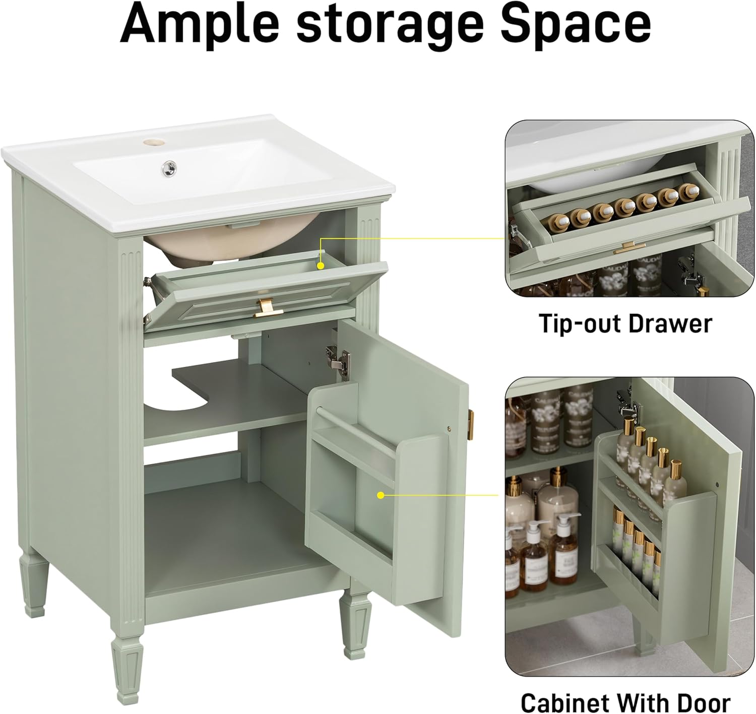 20 Inch Freestanding Bathroom Vanity with Ceramic Sink Set Combo Tip Out Drawer 1 Cabinet Door Shelf Modern Style Painted Gold-Tone Handle for Modern Small Bathroom Limited Space Green