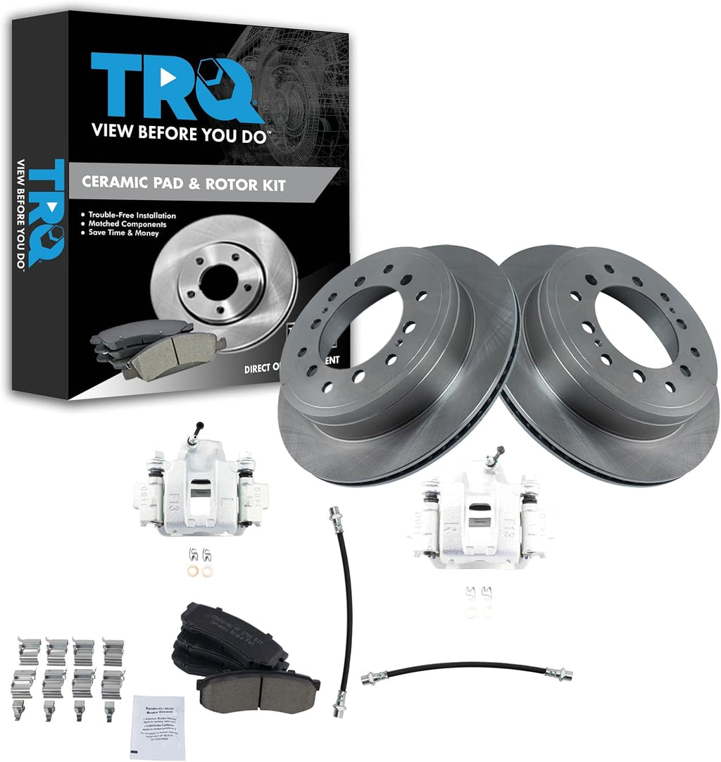 TRQ Rear Brake Pad and Rotor Set Ceramic Rotors Calipers Hoses Compatible with 2014 Toyota FJ Cruiser