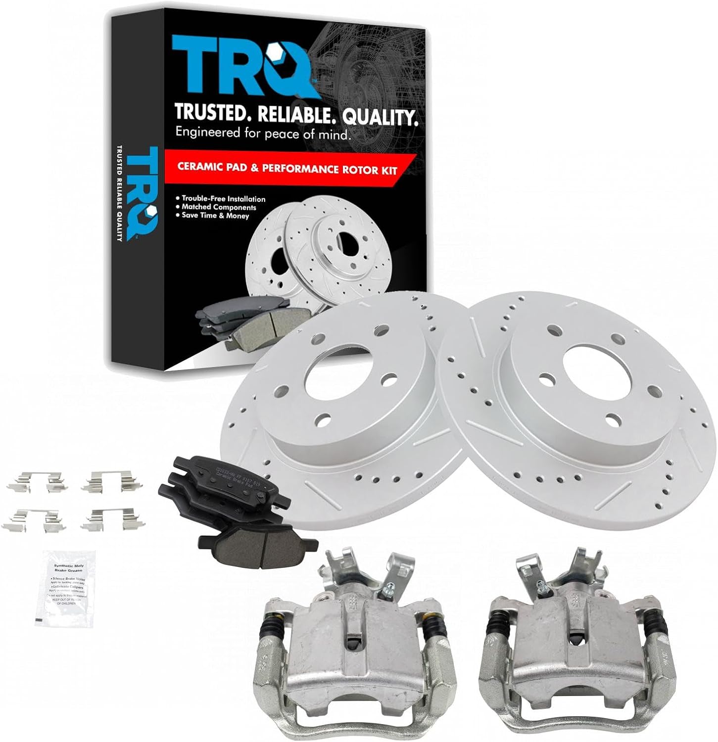TRQ Performance Rear Brake Pad and Rotor Set Ceramic Coated Drilled Slotted Vented Rotors Calipers Compatible with 04-12 Chevrolet Malibu 05-07 Cobalt 05-10 Pontiac G6 07-09 Saturn Aura