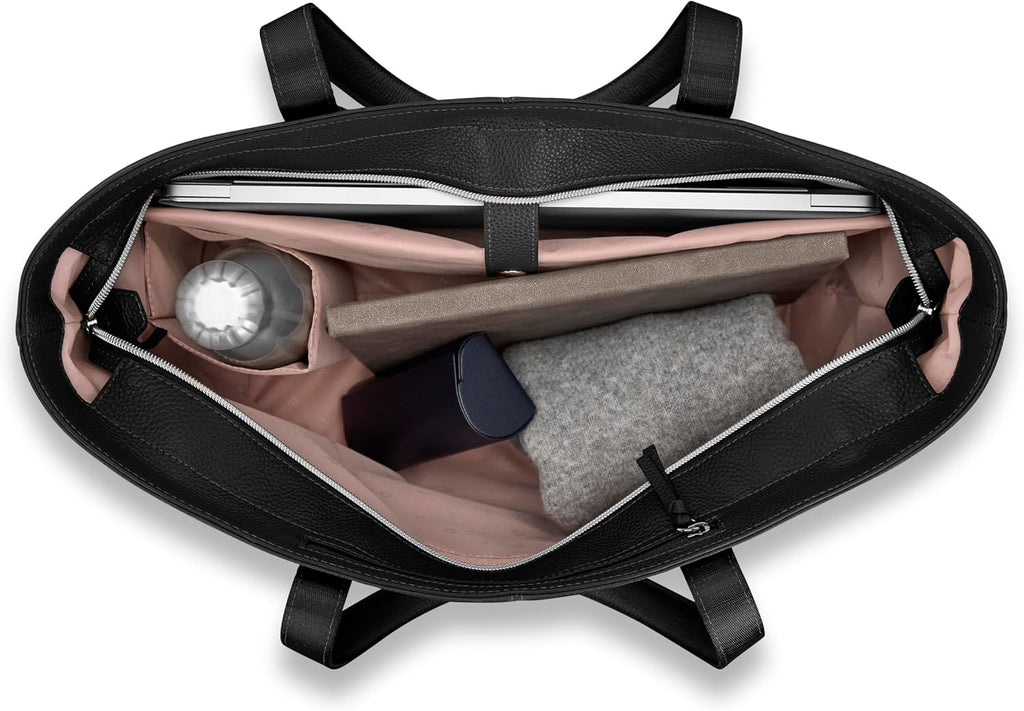 Samsonite Mobile Solutions 2 Leather Tote, Stylish Women's Laptop and Work Bag with StackIt Strap, Padded Laptop Sleeve, Interior Organizer & Protective Feet, Soft Pebbled Leather - Black
