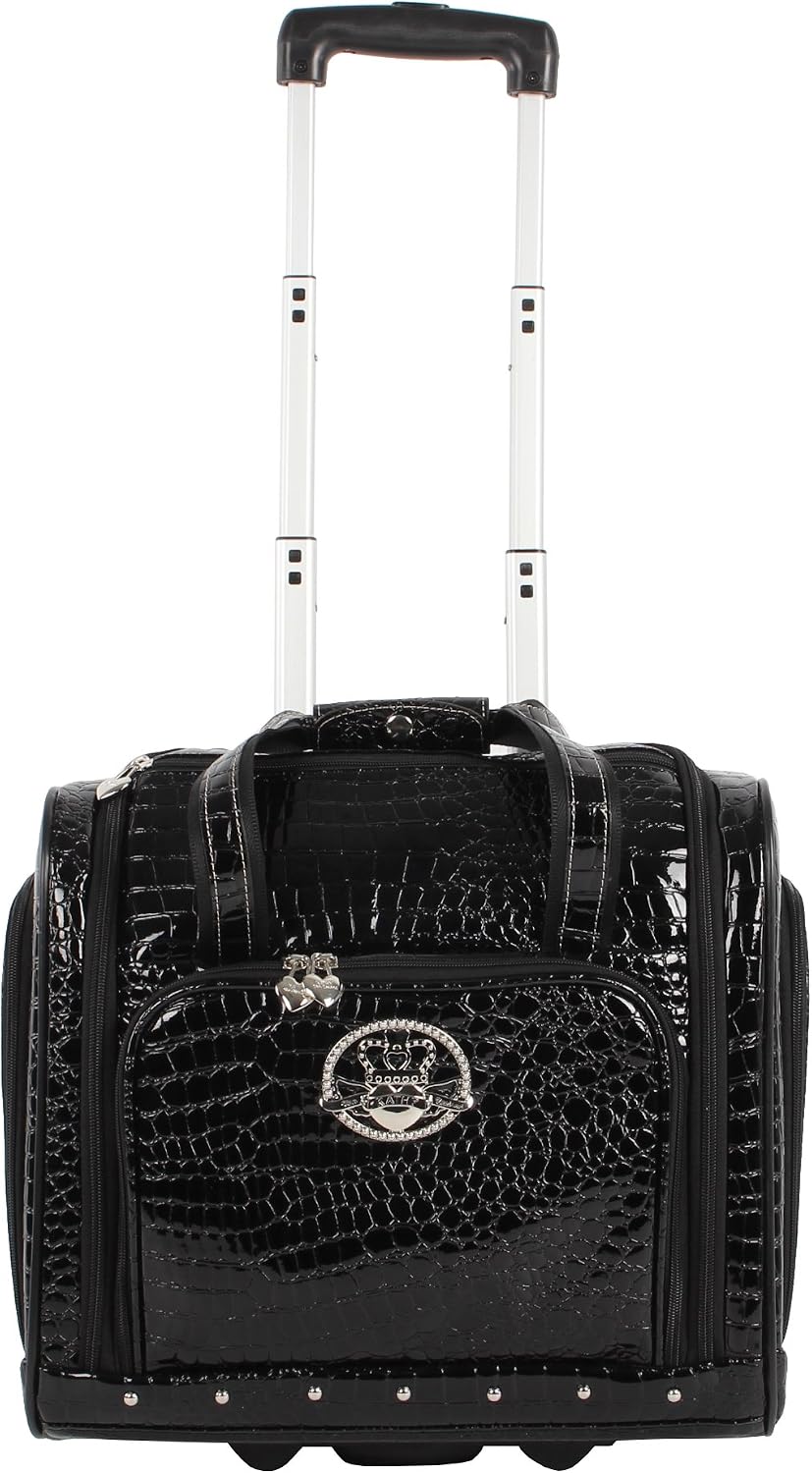 Kathy Van Zeeland Croco PVC Designer Underseat Luggage - 15 Inch Carry On Suitcase for Women- Lightweight Under Seat Bag with 2-Rolling Spinner Wheels (Black)
