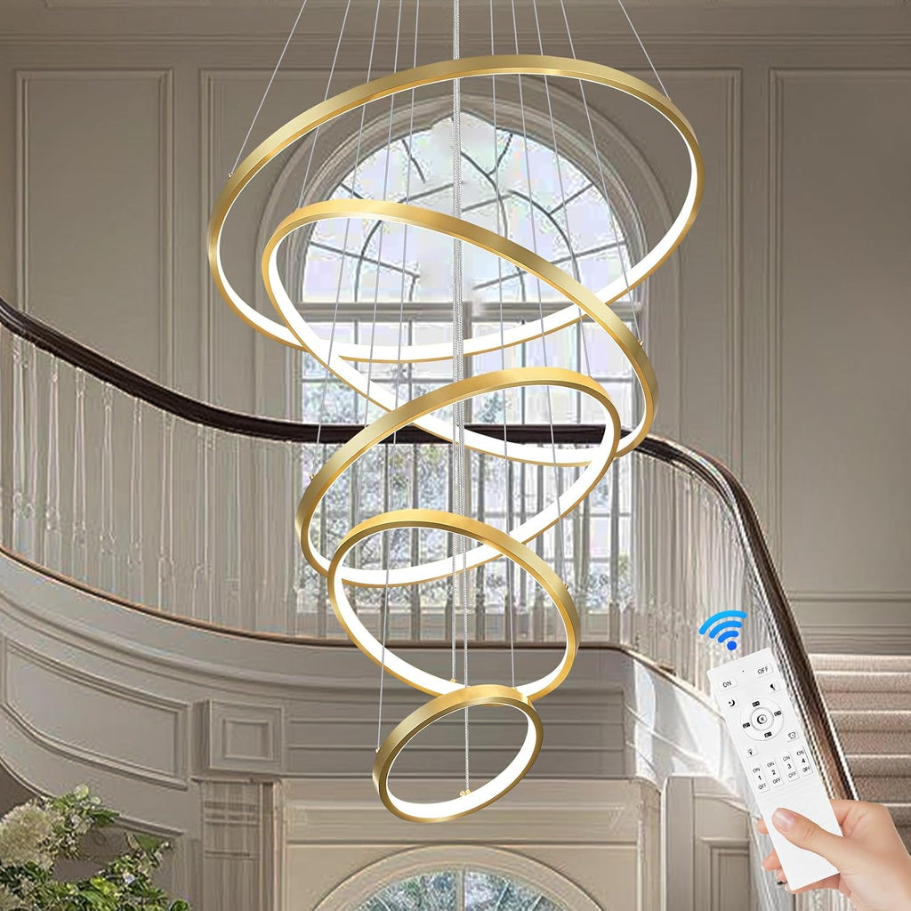 5 Ring Modern LED Chandelier Dimmable Gold High Ceiling Chandeliers for Foyer, LED Contemporary Large Pendant Lighting with Remote Control Circular for Living Room Staircase, 3000K-6500K