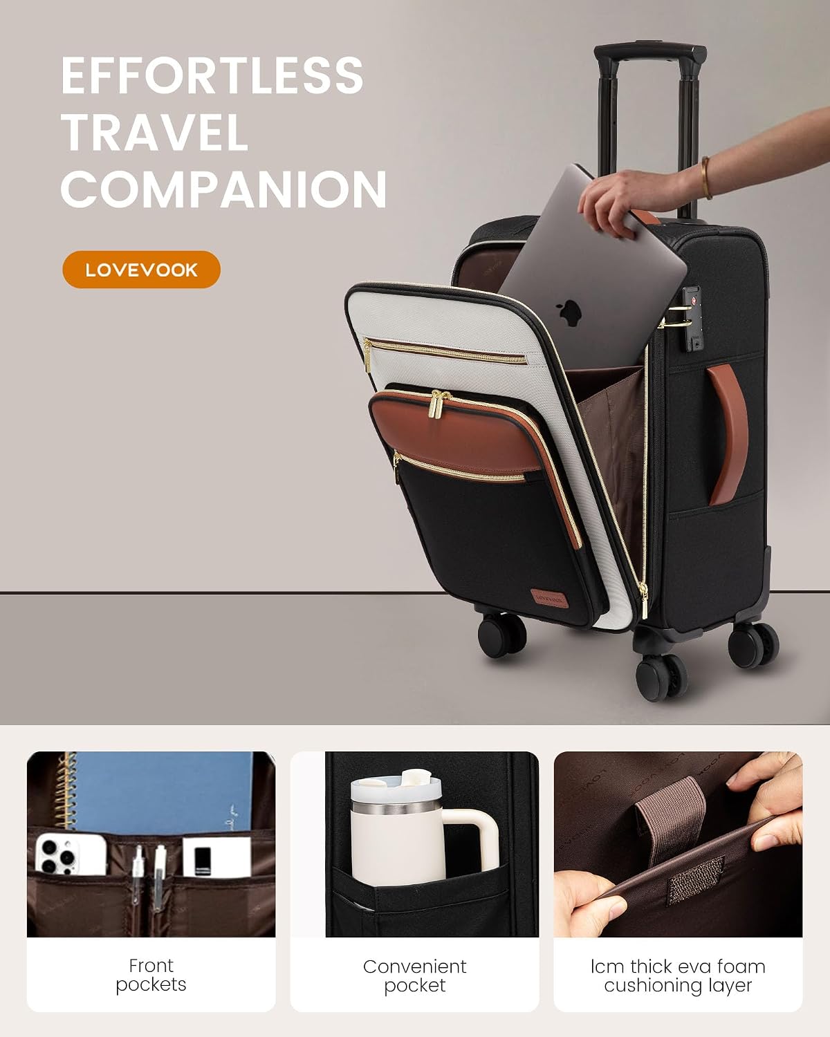 LOVEVOOK Carry on Suitcase 22x14x9 Airline Approved,20 inch Lightweight Waterproof Suitcases with 360° silent swivel wheels, TSA Lock and Compartment, Large Capacity travel Suitcase Black-White-brown