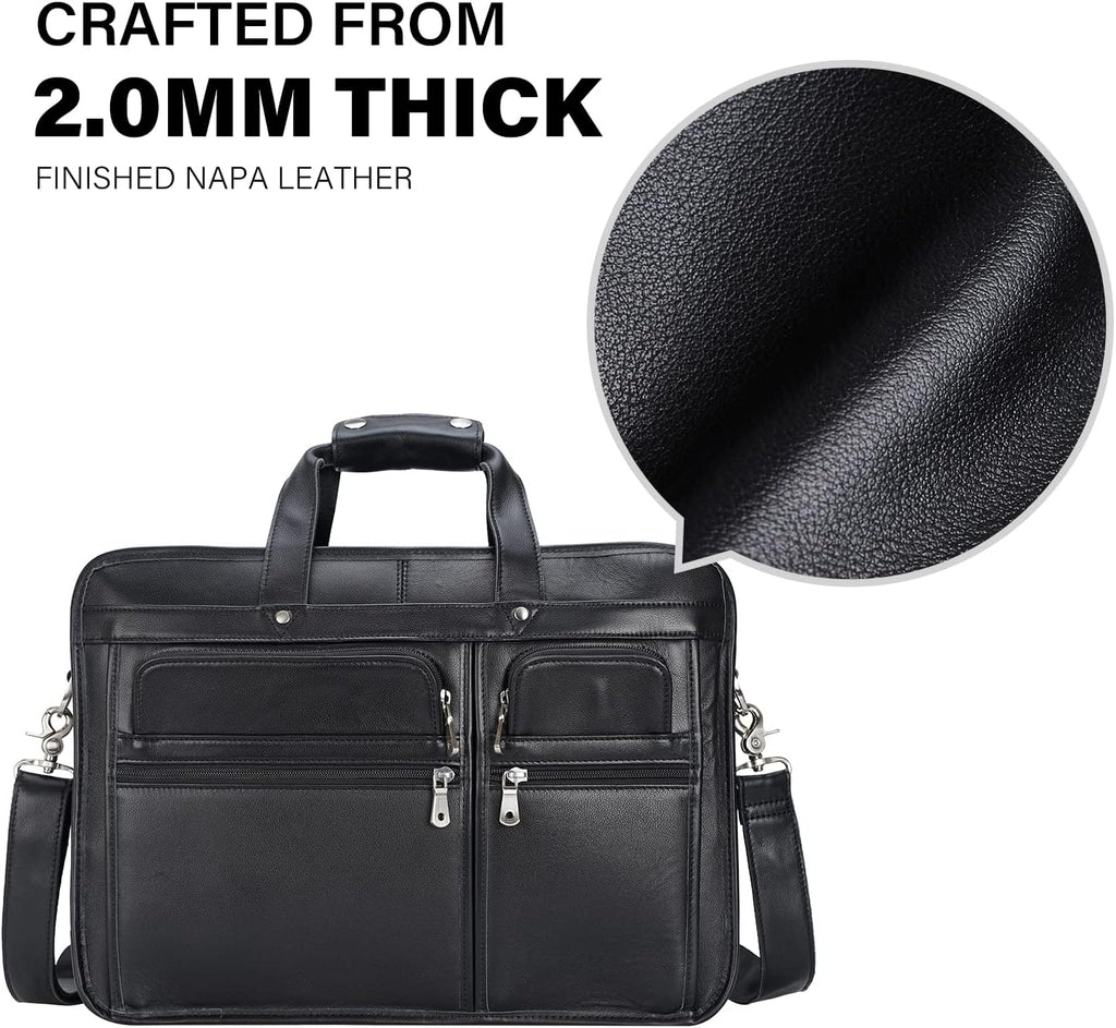 Men's Full Grain Leather Briefcase Large 17 Inch Business Travel Laptop Messenger Bag Tote with YKK Metal Zippers