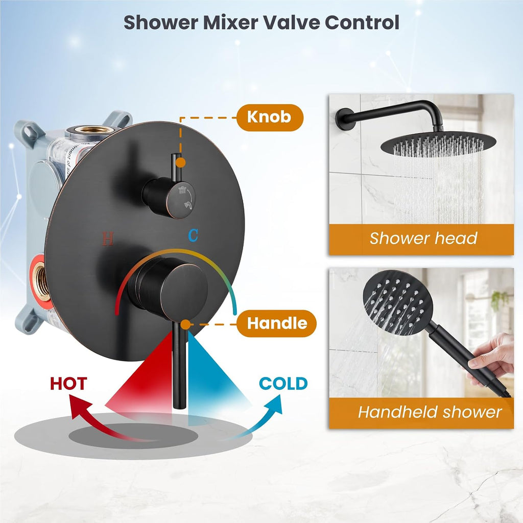gotonovo Rain Shower System with 10 Inch Round Showerhead and Handheld High Pressure Shower Faucet Set Contain Rough in Valve, Oil Rubbed Bronze