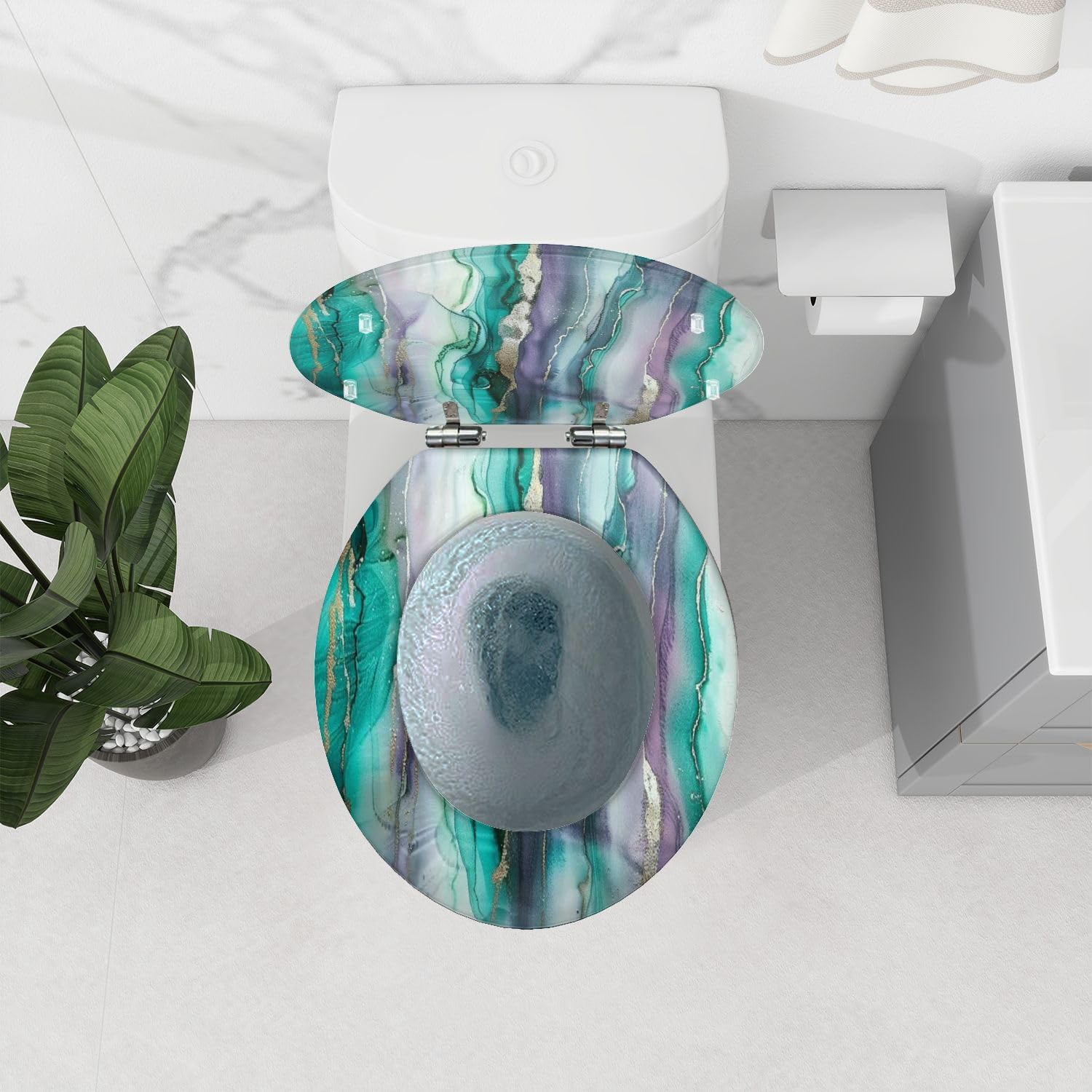 Round Toilet Seat Luxury abstract fluid art technique Transparent vertical layers green Resin Toilet Seat Quietly Close Quick Release Hinges Decorative Toilet Seat with Cover Easy to Install, Style 1