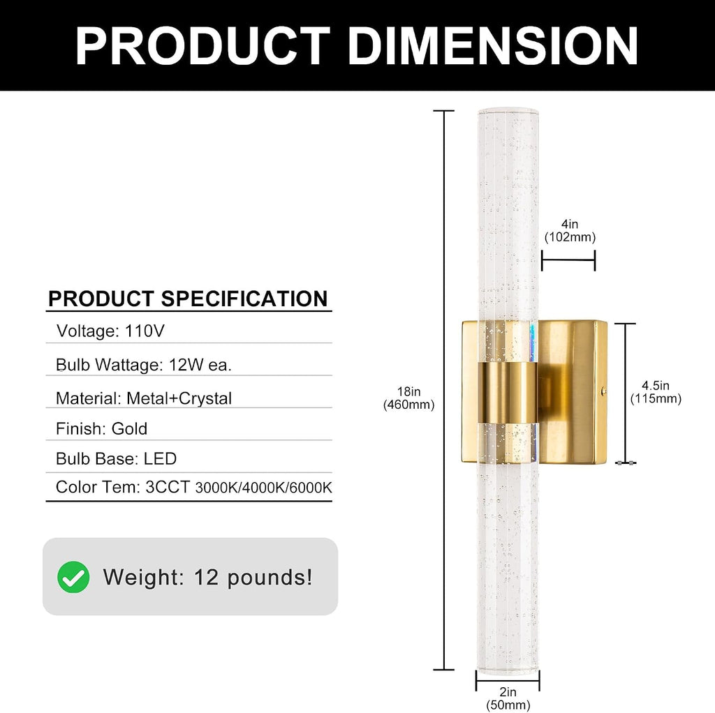 DORESshop Modern Wall Sconces Set of Two, 3CCT Crystal Bathroom Sconces Wall Light, Gold Vanity Light Fixture, Sconce Wall Decor Set of 2, Wall Lights for Bedroom, Living Room, Hallway 18in