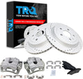 TRQ Performance Rear Brake Pad and Rotor Set Ceramic Vented Slotted Drilled Coated Rotors Calipers Compatible with 2010-2015 Chevrolet Camaro