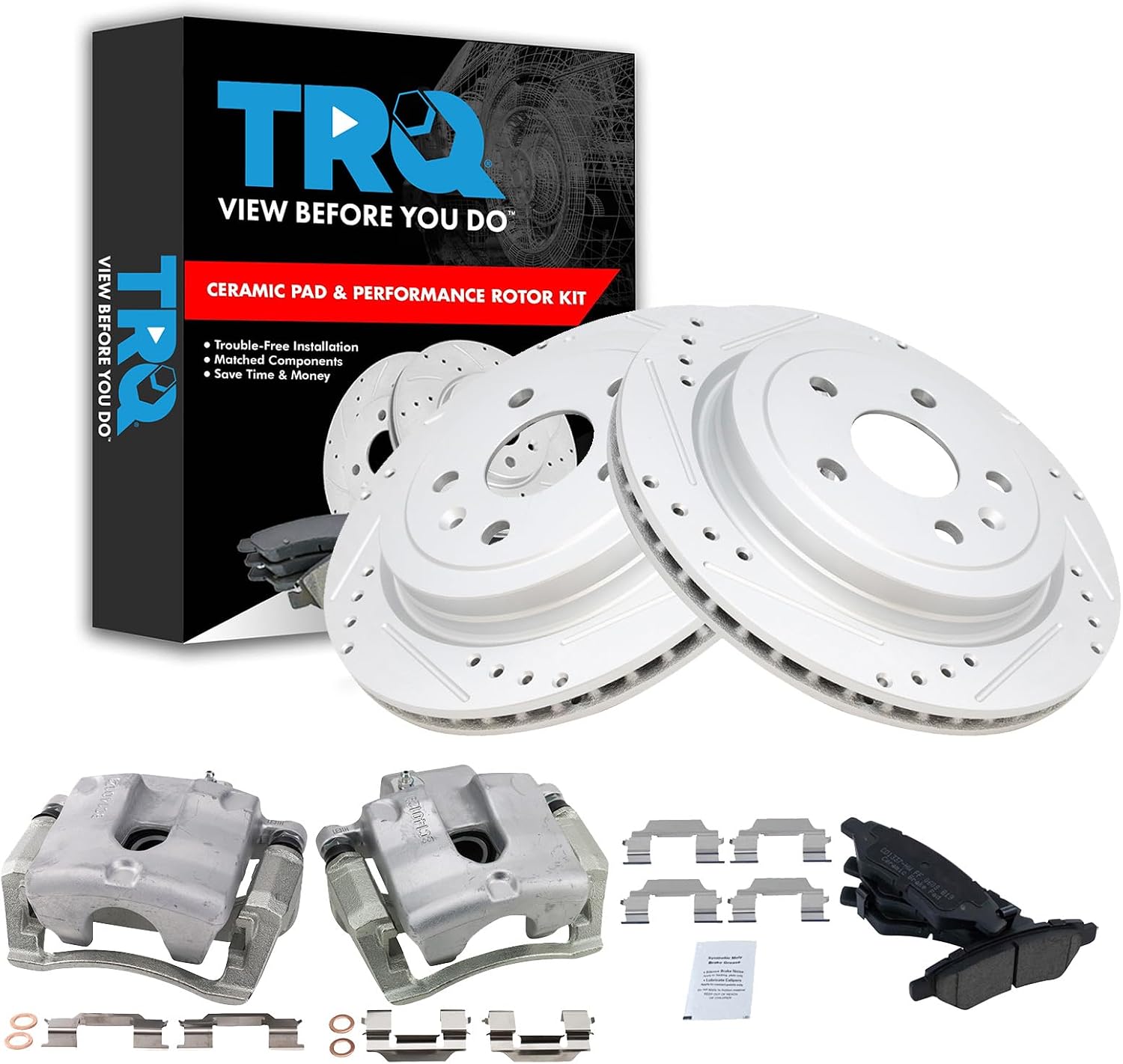 TRQ Performance Rear Brake Pad and Rotor Set Ceramic Vented Slotted Drilled Coated Rotors Calipers Compatible with 2010-2015 Chevrolet Camaro