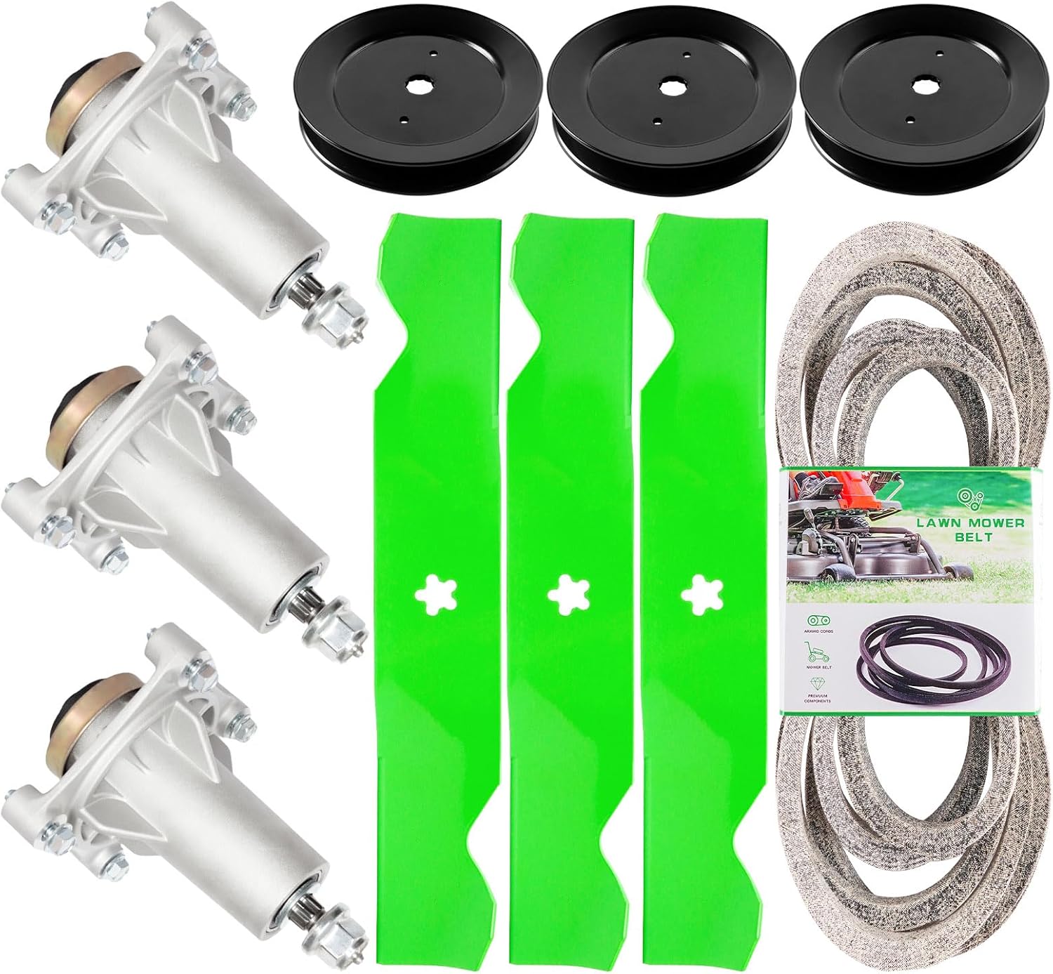 54'' Deck Rebuild Kit Fits Hus qvarna LGT2554 LGT2654 YTH2454 3 Spindle (187292) 3 Blades (187254) 3 Pulleys (153535) 1 Belt (21546382)