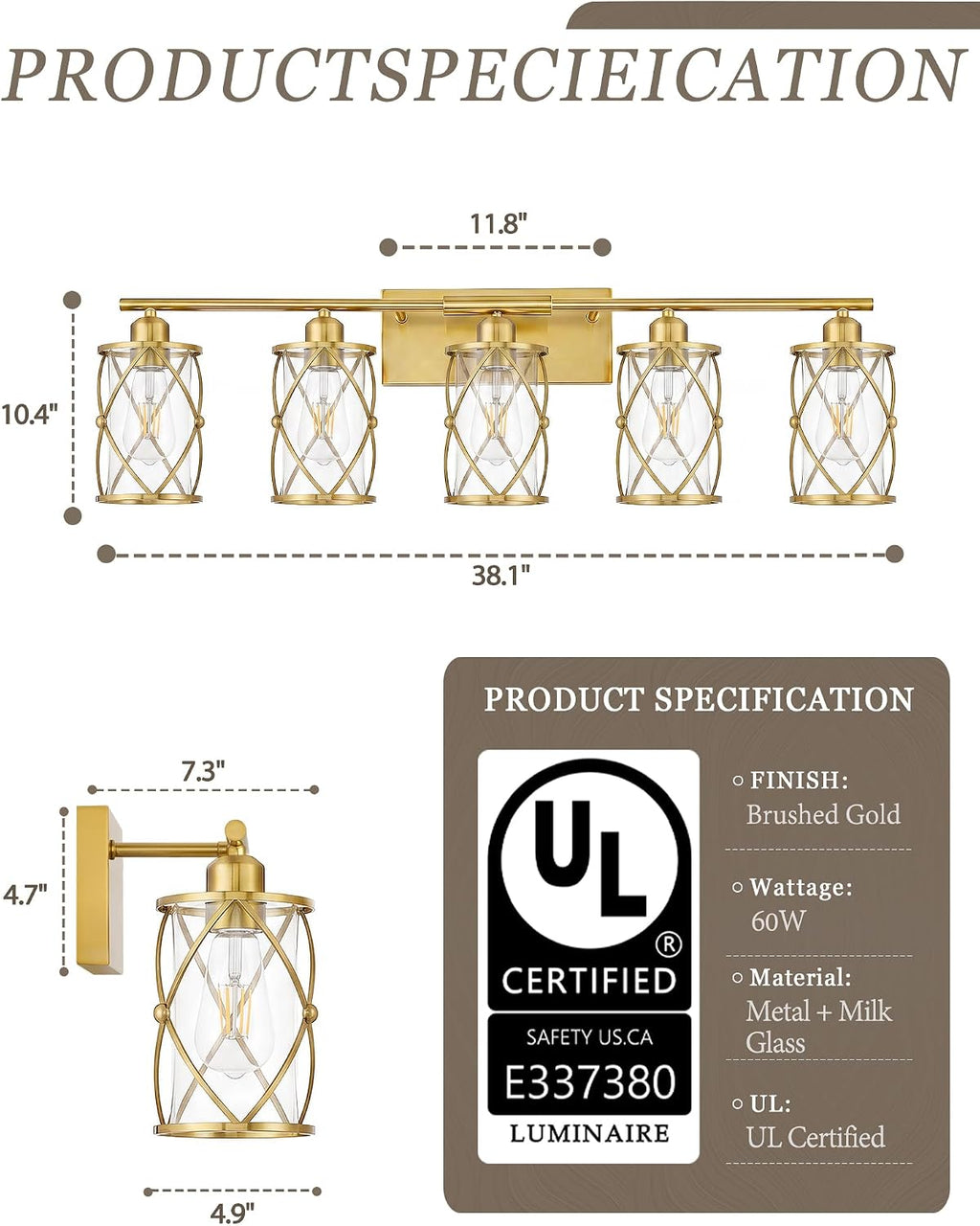 5-Light Brushed Gold Bathroom Light Fixtures Over Mirror, 38' UL-Listed Modern Wall Sconce Lights with Clear Glass and Metal Cage for Bath, Hardwire E26, CH9176BG-5W
