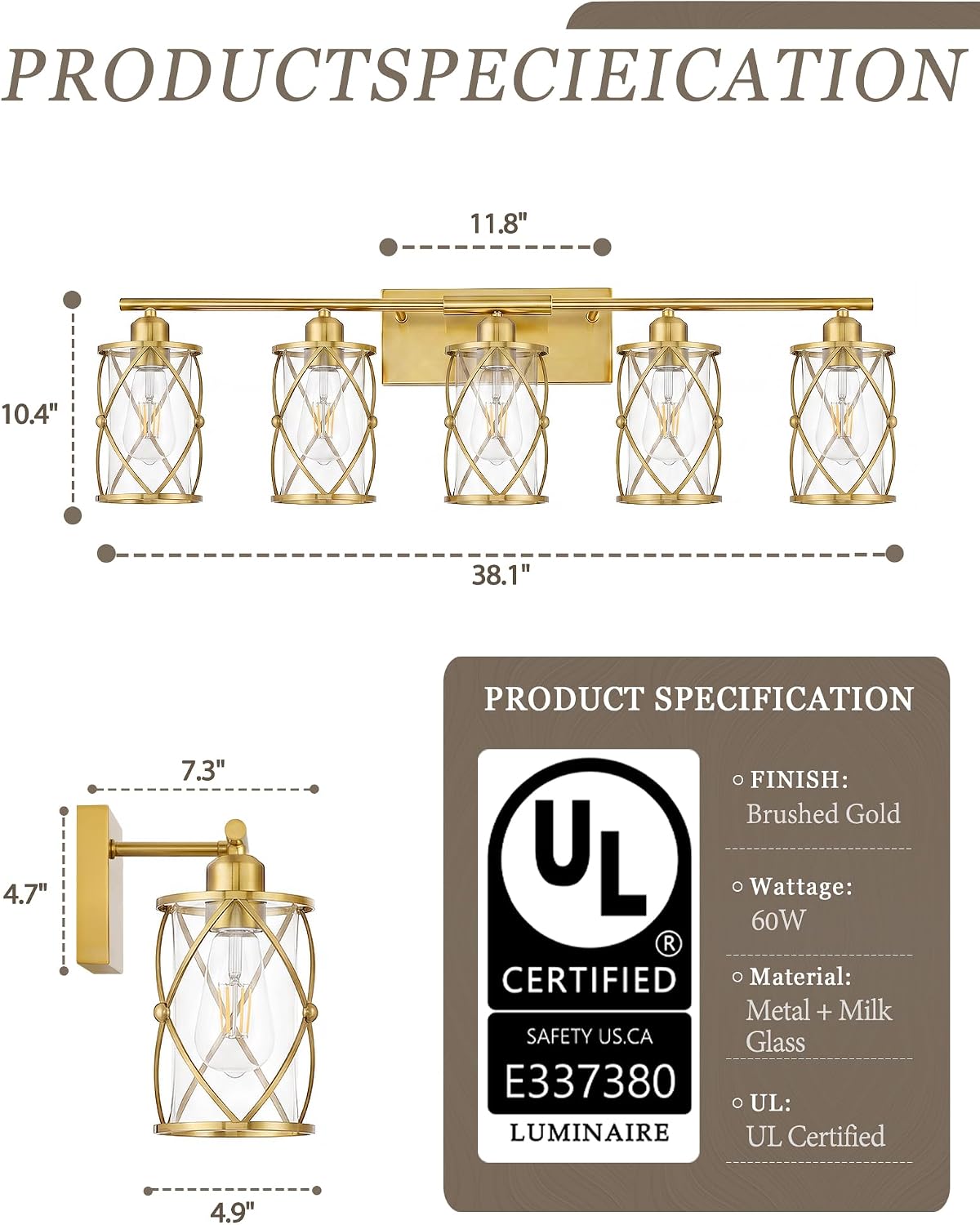 5-Light Brushed Gold Bathroom Light Fixtures Over Mirror, 38' UL-Listed Modern Wall Sconce Lights with Clear Glass and Metal Cage for Bath, Hardwire E26, CH9176BG-5W