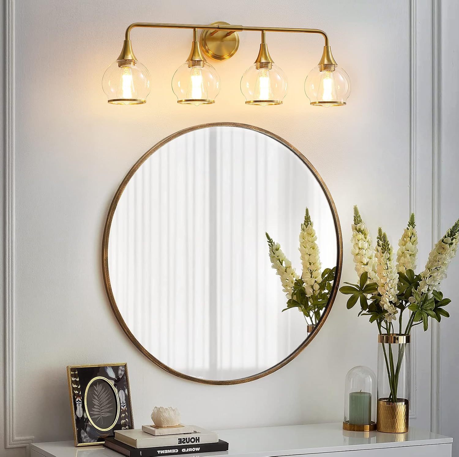 Gold Bathroom Vanity Light 4-Light Bathroom Vanity Light Fixtures Over Mirror with Clear Glass Shade 30.7 inch Wall Sconce Lighting Bath(Exclude E26 Bulb)