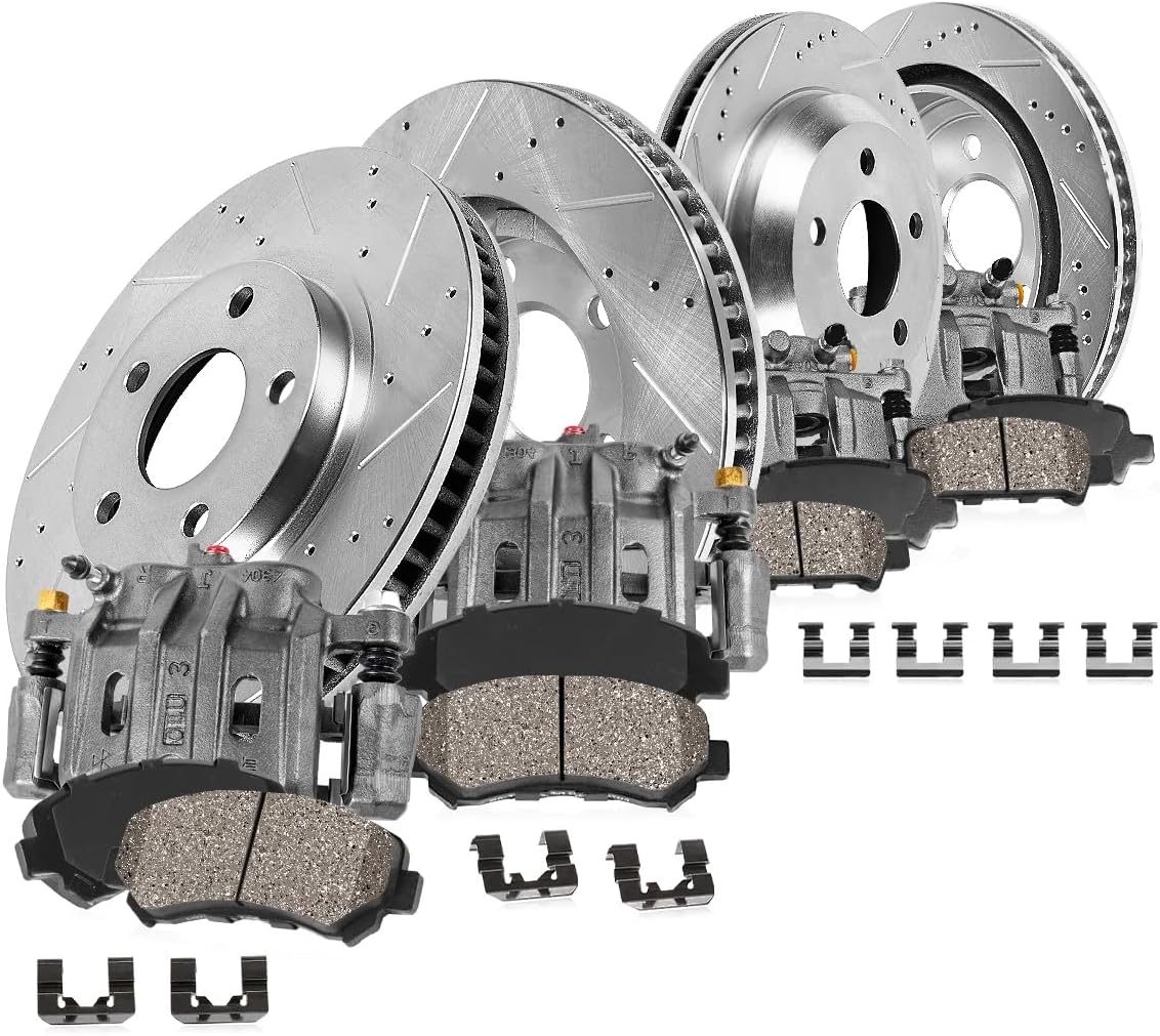 Callahan BRAKE PARTS Front and Rear Brake Kit For Chevy Silverado Suburban Avalanche GMC Yukon Drilled and Slotted Brake Rotors and Ceramic Brake Pads with Calipers
