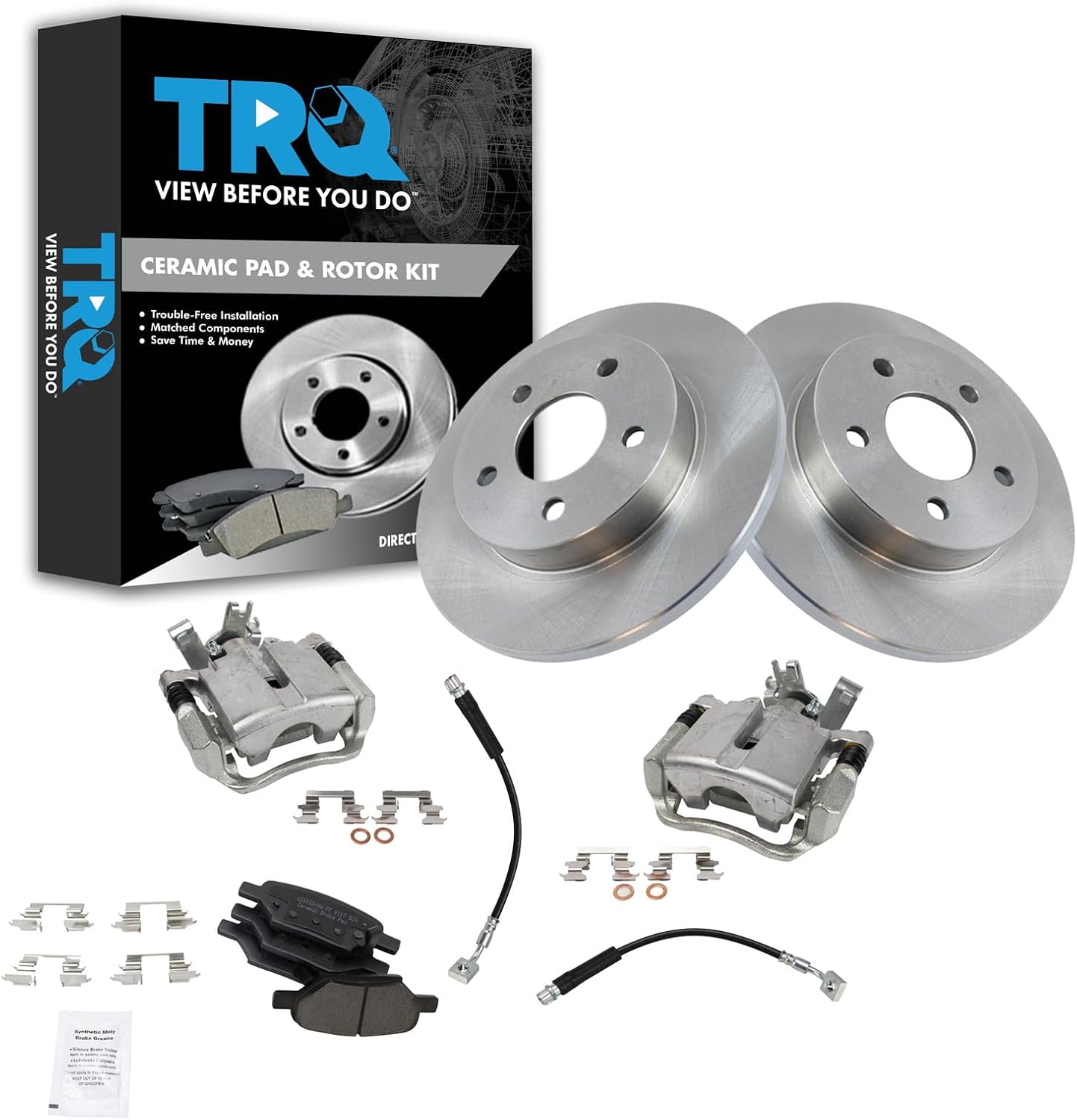 TRQ Rear Brake Pad and Rotor Set Ceramic Rotors Calipers Hoses Compatible with 2004-2012 Chevrolet Malibu 2005-2010 Pontiac G6 2007-2009 Saturn Aura