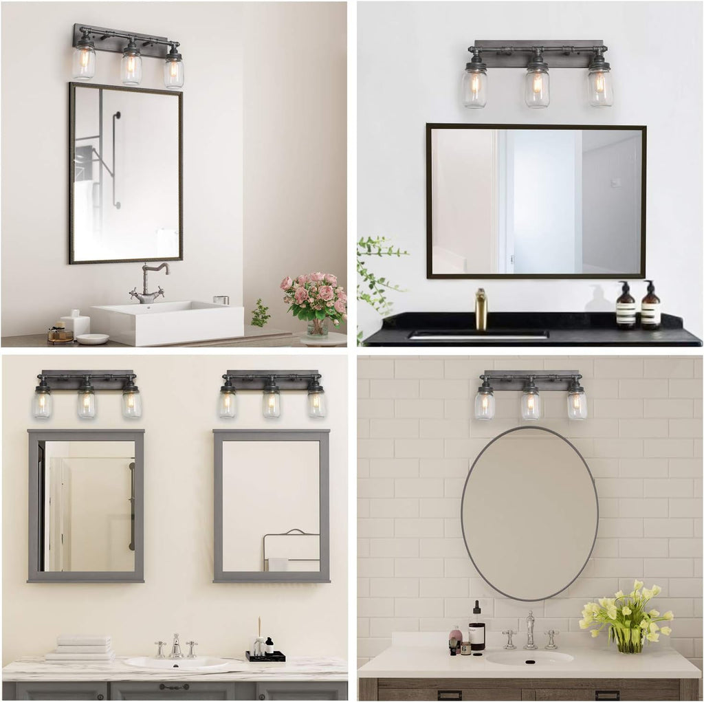 LNC 24'' Large Bathroom Light Fixtures, Industrial 3 Mason Jar Vanity Light with Antique-Silver Brushed Finish