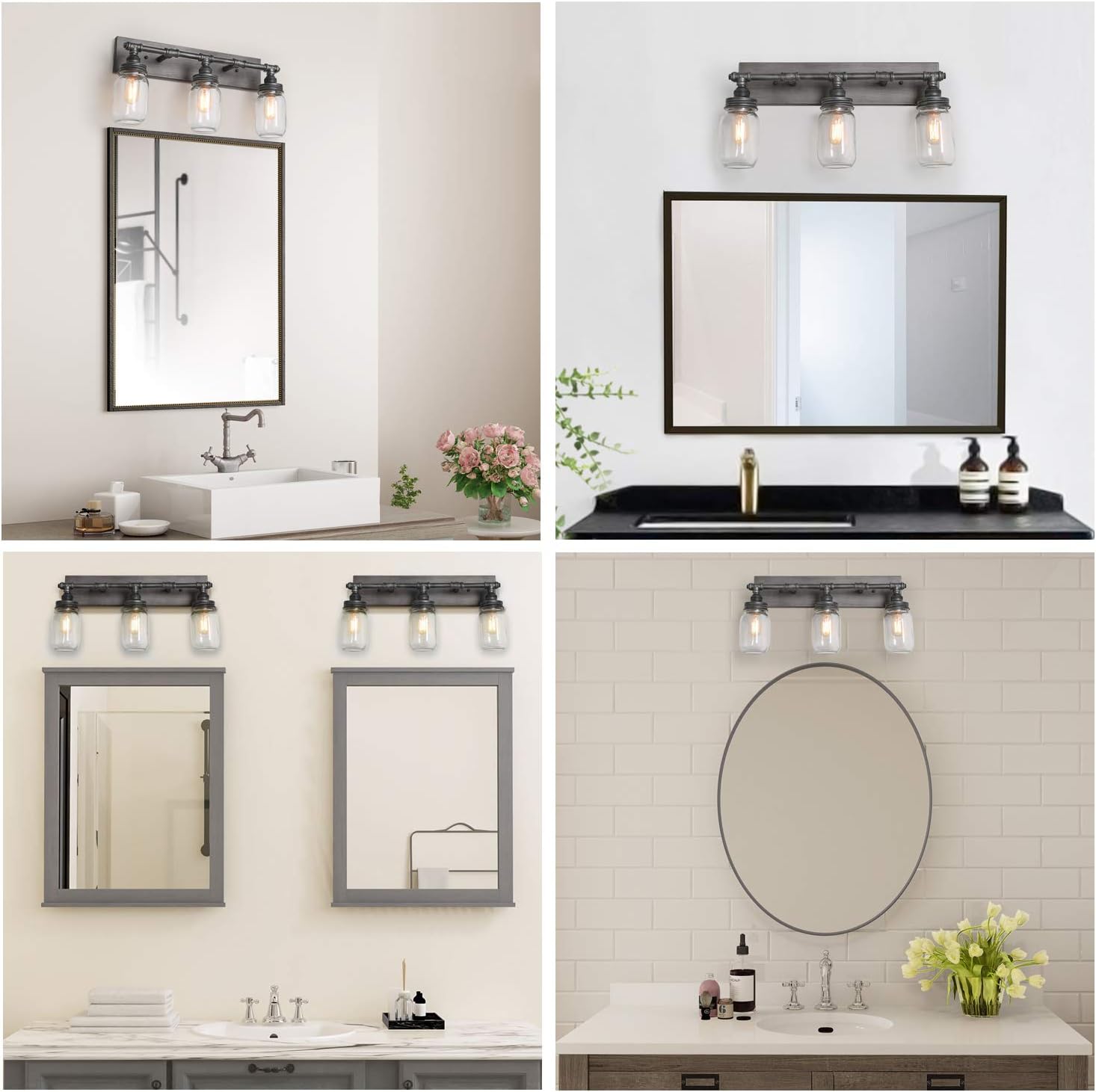 LNC 24'' Large Bathroom Light Fixtures, Industrial 3 Mason Jar Vanity Light with Antique-Silver Brushed Finish