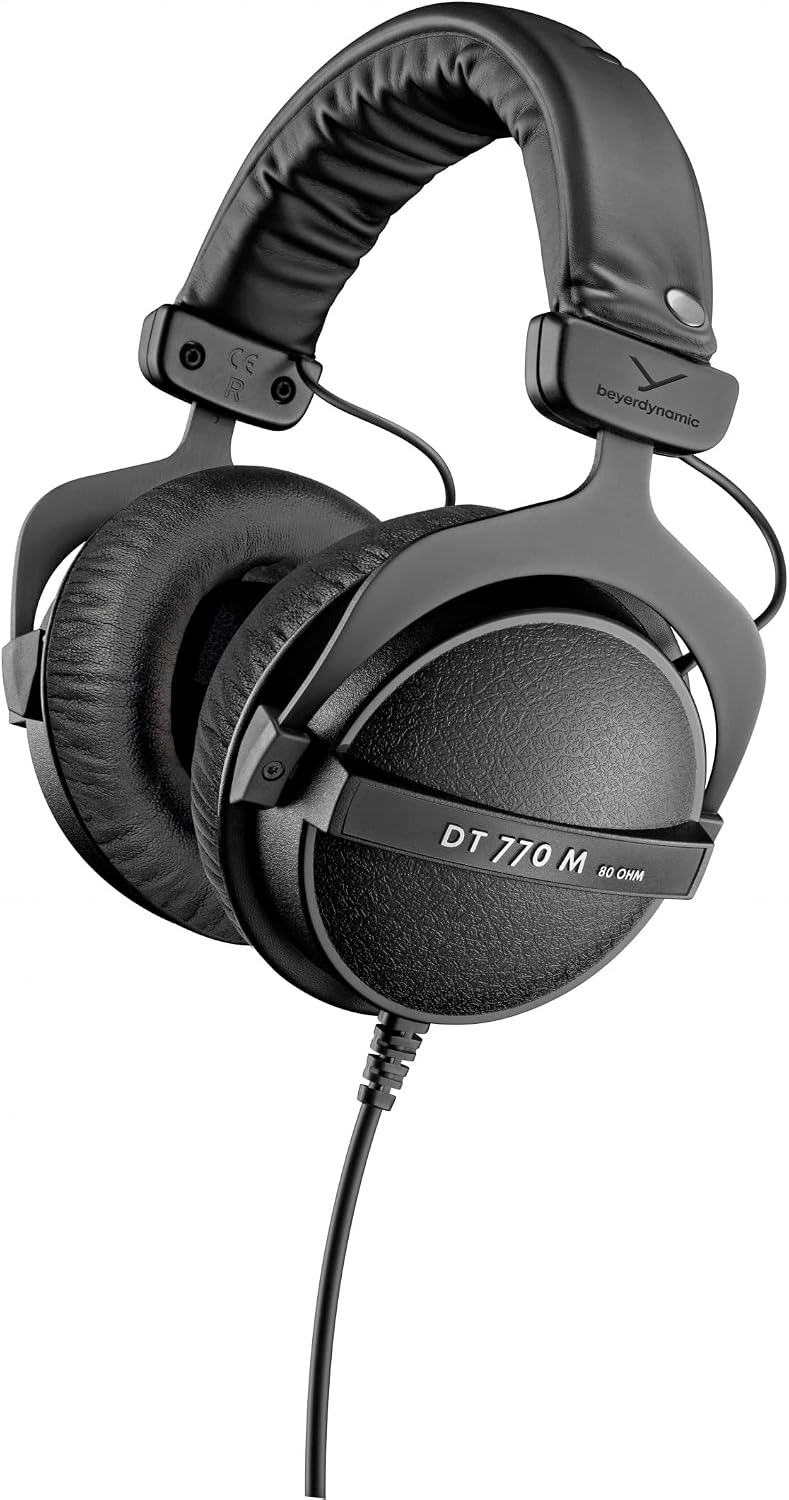 beyerdynamic DT 770 M, 80 Ohm, Closed Back, Over Ear, Wired Professional Studio Headphones, 3 m Straight Cable, Very Tight Fit, Great for Drummers & Front of House. Black w Black Leatherette Ear Pads