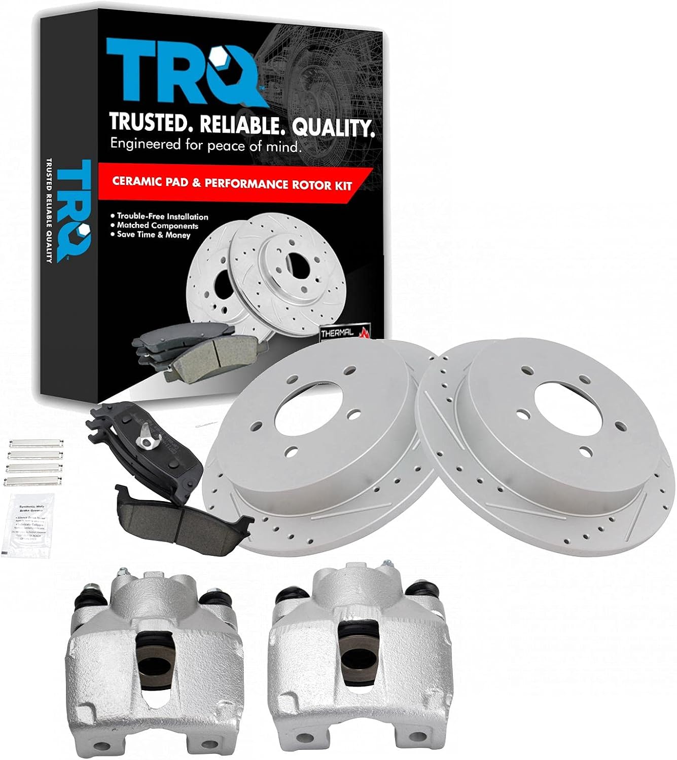 TRQ Rear Brake Pad & Rotor Set Ceramic Drilled Slotted Coated Rotors Calipers Compatible with 1997-2002 Ford Expedition 1999-2004 F-150 2004 F-150 Heritage 1998-2002 Lincoln Navigator 2002 Blackwood