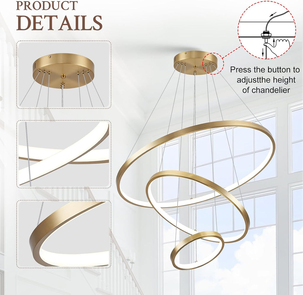 3 Ring Modern LED Chandelier Gold Dimmable Round Chandeliers, LED Circular Pendant Light Fixture with Remote Control for Living Room, Dining Room, Office, Entry, Bedroom