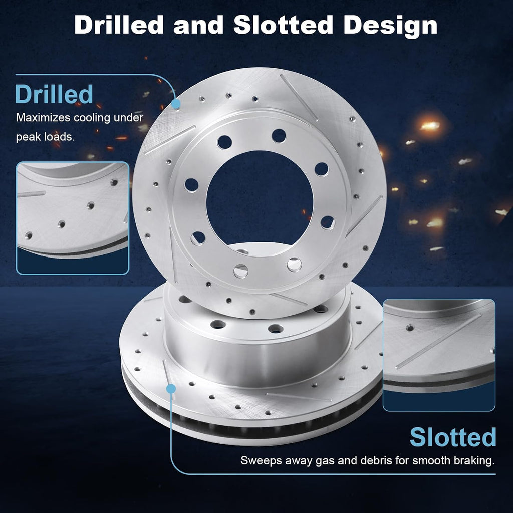 Front Drilled and Slotted Disc Brake Rotors & Ceramic Brake Pads Kit Fit for Ford 2000-2005 Excursion, 1999-2004 F-250, 1999-2004 F-350 4WD #54078 D824