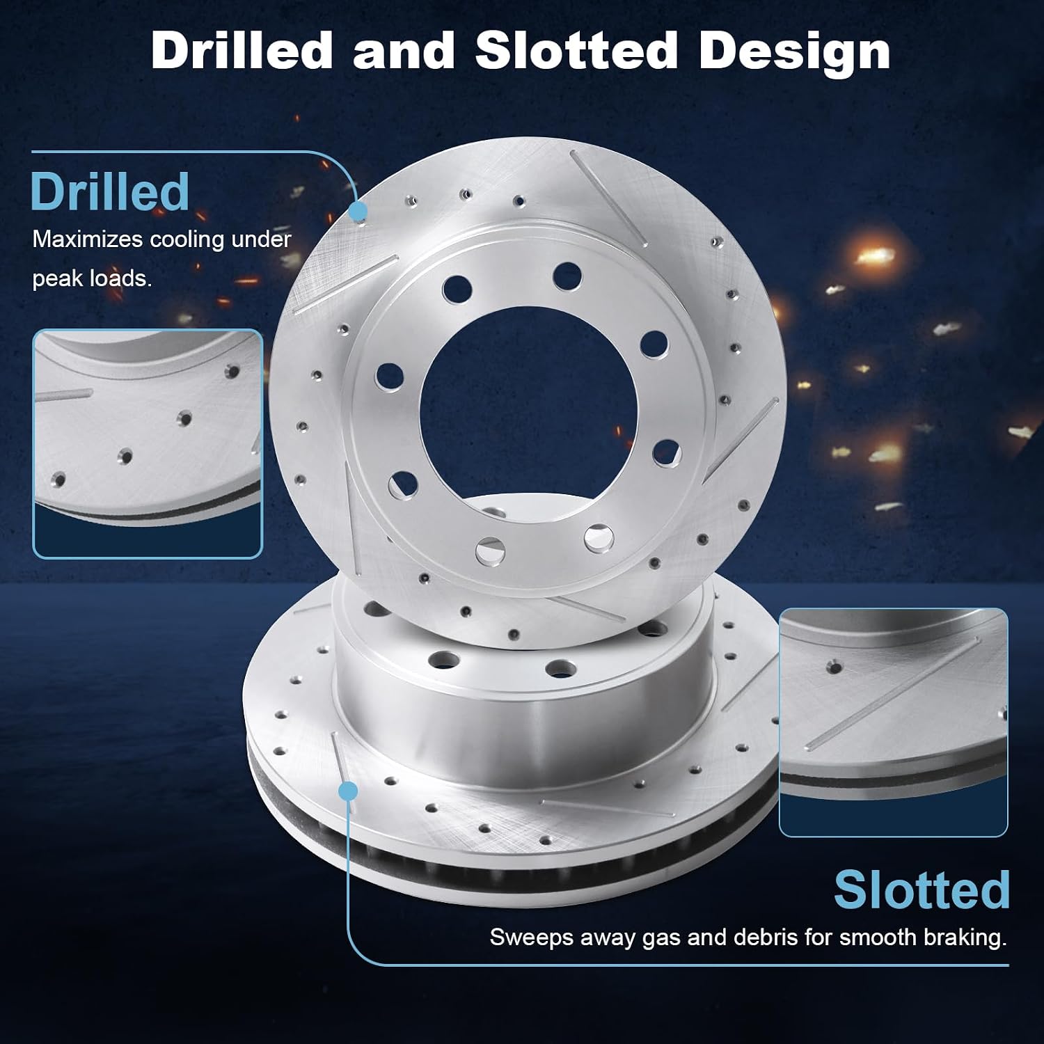 Front Drilled and Slotted Disc Brake Rotors & Ceramic Brake Pads Kit Fit for Ford 2000-2005 Excursion, 1999-2004 F-250, 1999-2004 F-350 4WD #54078 D824