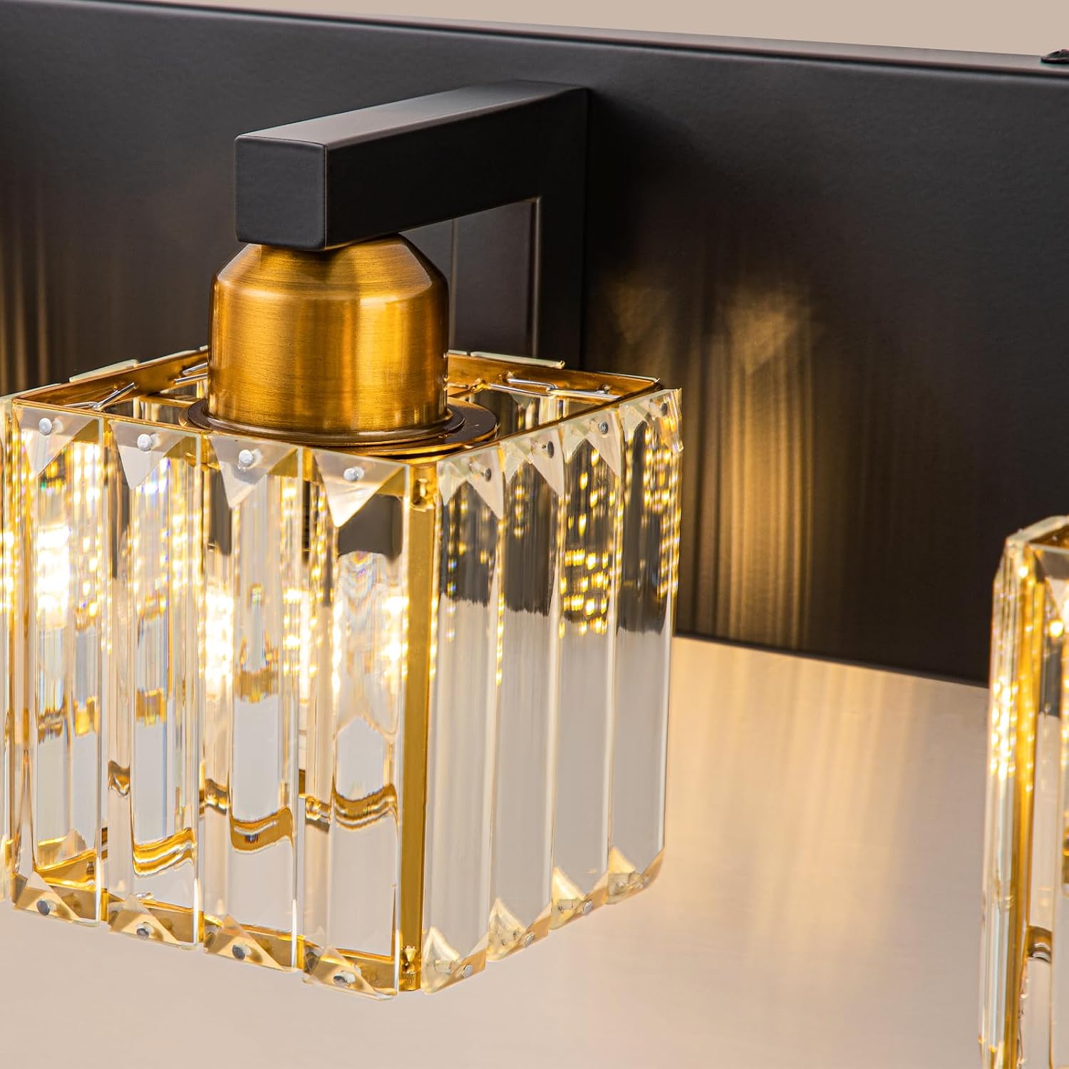 Crystal Black Gold Bathroom Vanity Light, 4-Lights Bathroom Lighting Fixtures Over Mirror Modern Crystal Wall Lighting with Square Shade