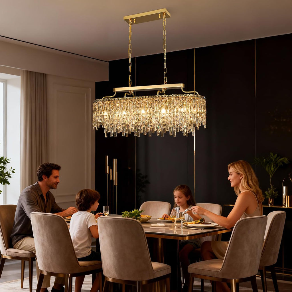 12-Lights Modern Gold Crystal Chandeliers for Dining Room Light Fixtures Over Table | L36' Luxury Crystal Chandeliers for Kitchen Island | Oval Hanging Lighting for Living Room Bedroom Bathroom
