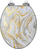 Round Toilet Seat marble ink paper texture white silver gold Resin Toilet Seat Quietly Close Quick Release Hinges Decorative Toilet Seat with Cover Easy to Install, Style 2