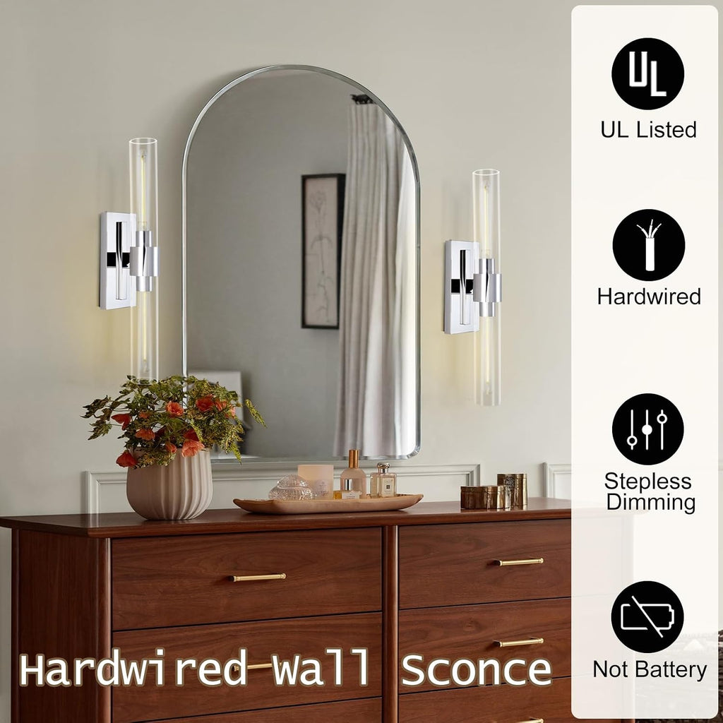 Chrome Wall Sconces, 22.8' Bathroom Sconces, Indoor Sconces Wall Lighting Up and Down, Nickel Wall Sconce Set of Two Dimmable, Vanity Lights for Bathroom with Tube, Glass Sconce for Bedroom, Staircase