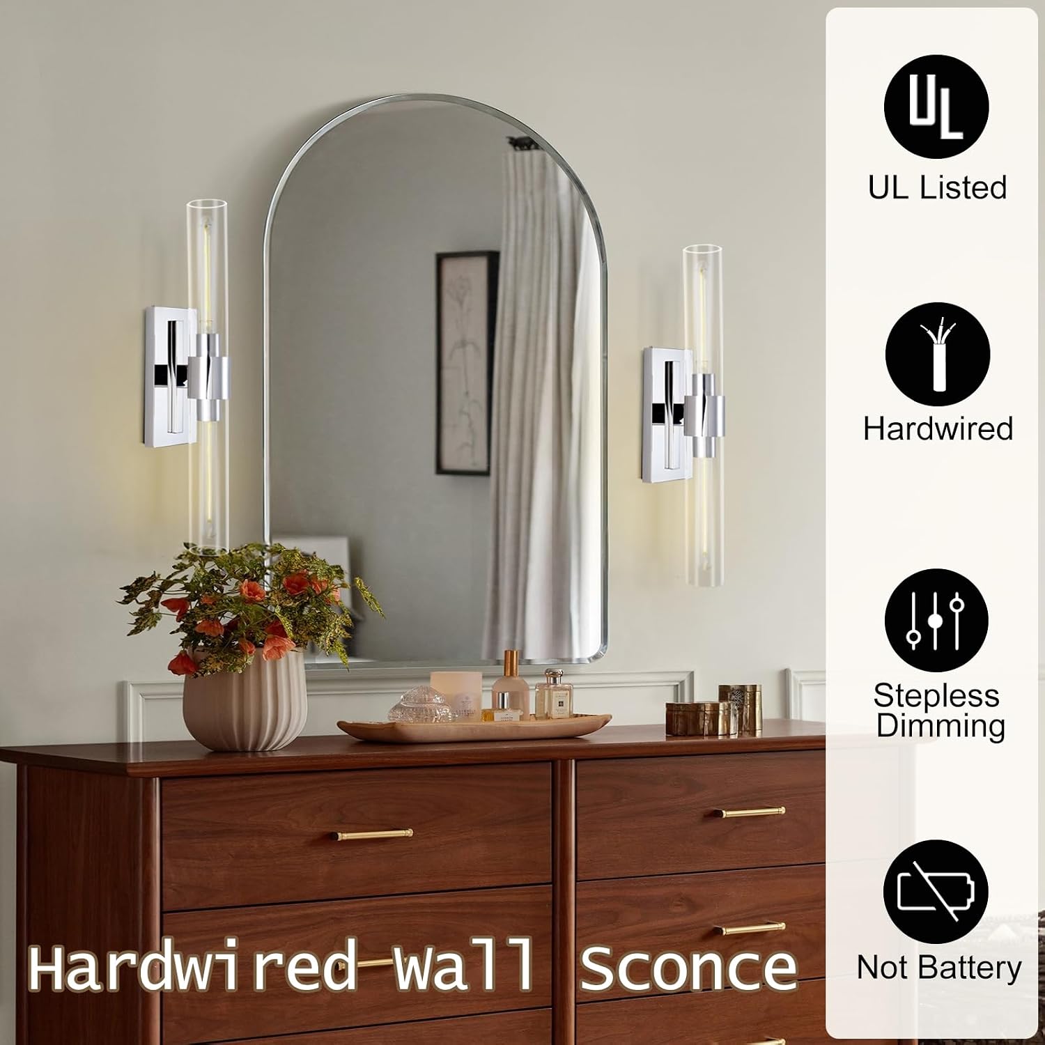 Nickel Bathroom Vanity Light, 2-Light Bathroom Wall Sconce Over Mirror, Chrome Vanity Lights for Bathroom, Dimmable Vanity Sconce with Glass Tube, Indoor Linear Wall Sconce Vertical & Horizontal, 1 PC