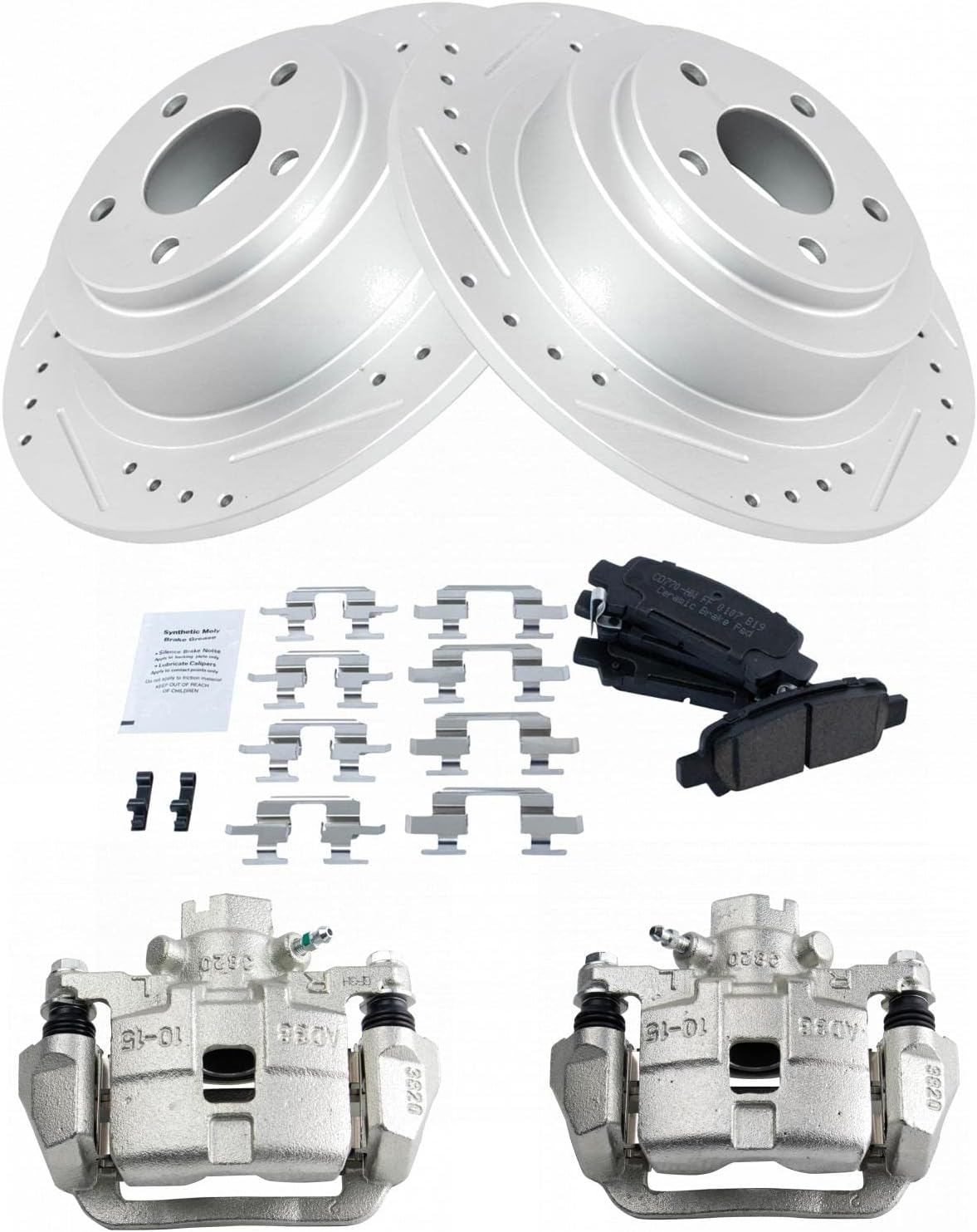 TRQ Performance Rear Brake Pad and Rotor Set Ceramic Drilled Slotted Coated Rotors Calipers Compatible with 2003-2006 Subaru Baja 2000-2004 Outback